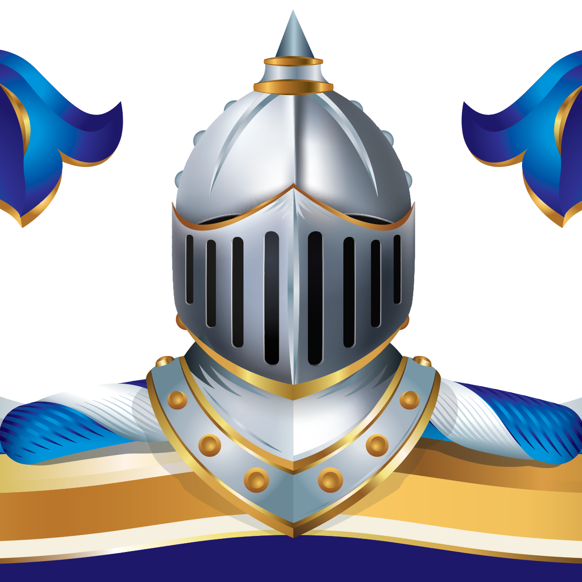 A detailed closeup of a section of the Martin Family Crest showing a stylised medieval knight's helmet and on a white background, with blue and gold mantling.
