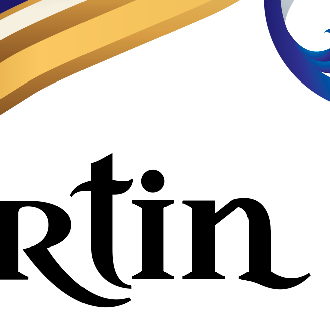 A detailed closeup of a section of the Martin Family Crest showing typographic detail of the stylised letters 'rtin' on a white background, with an element of gold and blue mantling of the coat of arms above.