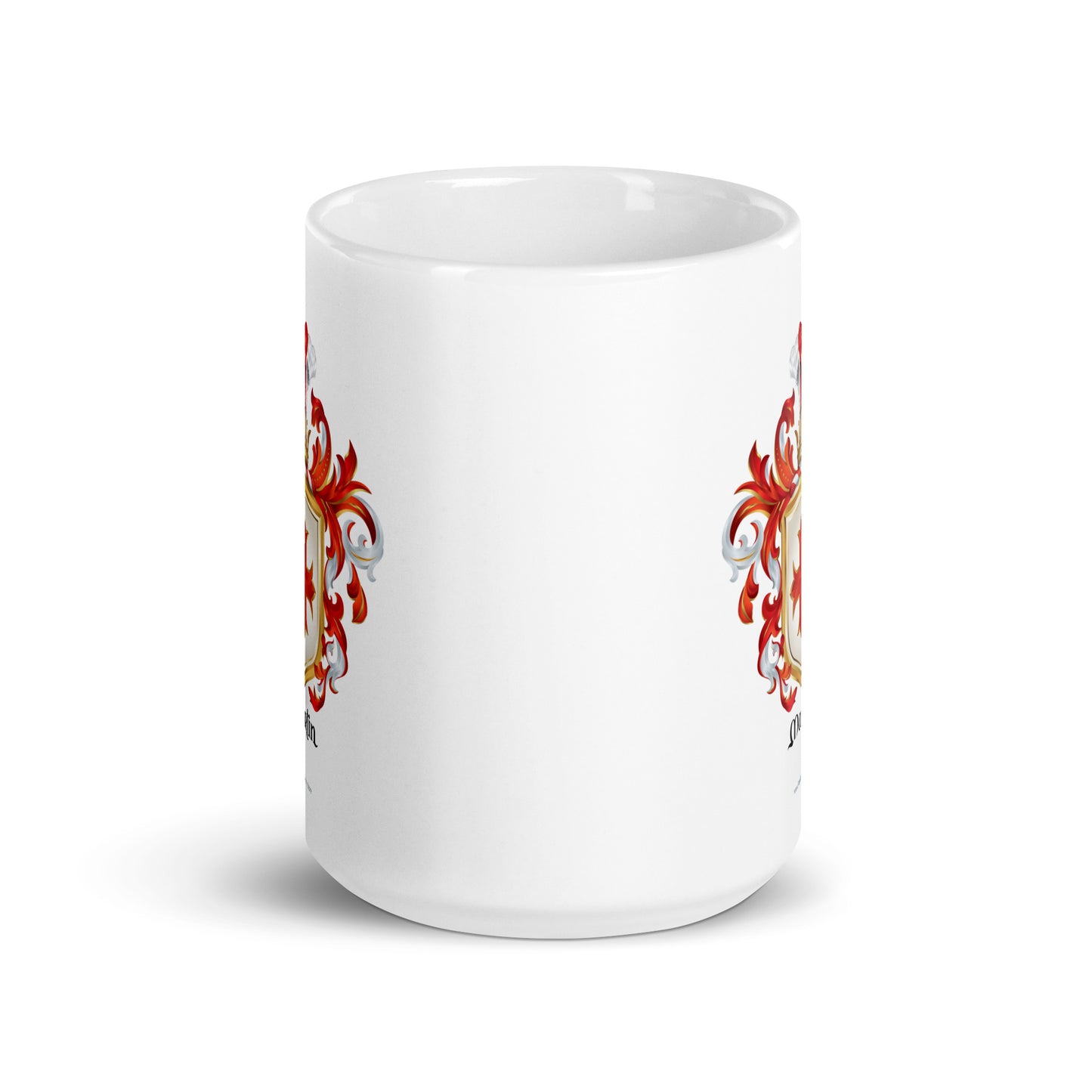 View of white mug showing Martin Family Crest on two sides