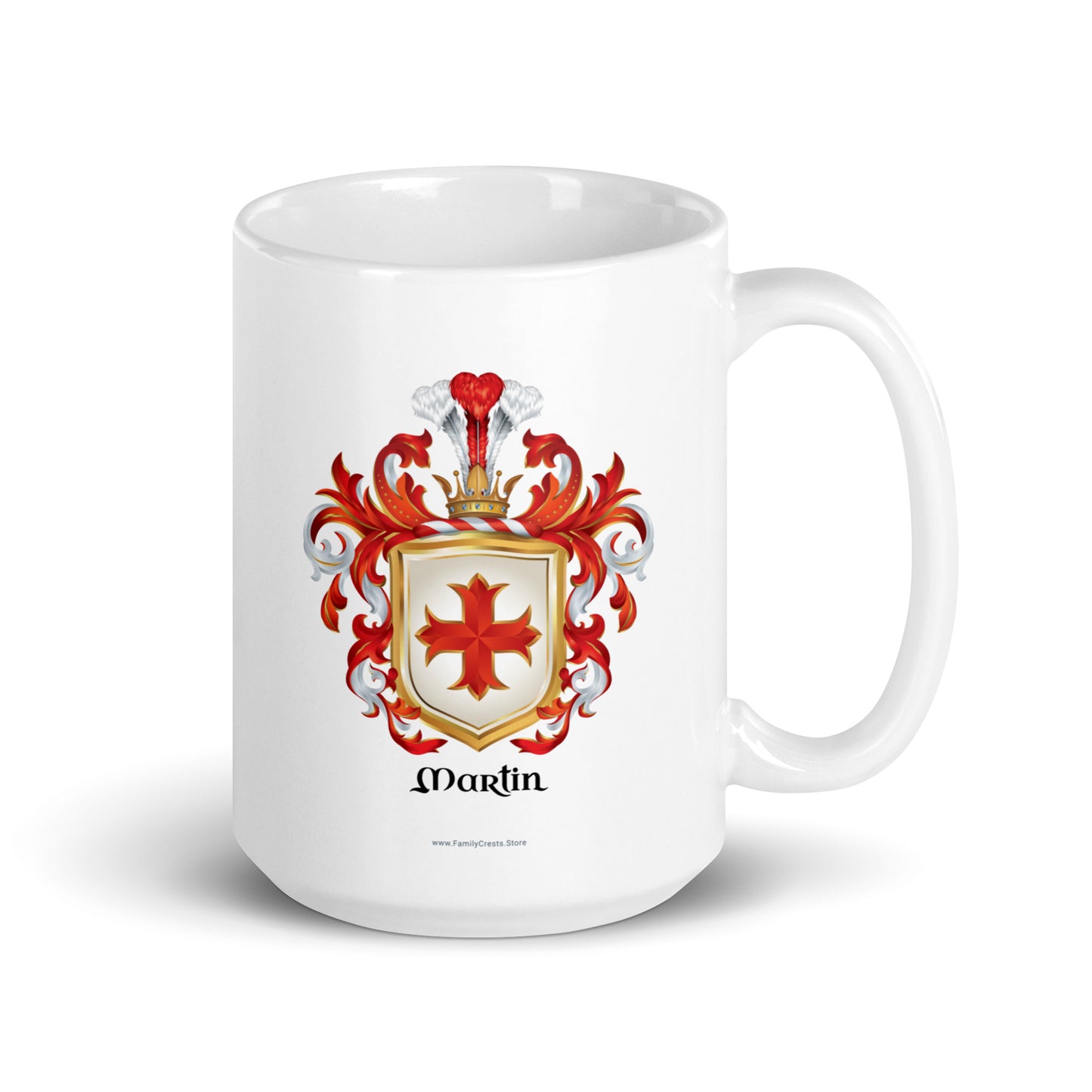 A white mug with Martin Family Crest print on front featuring a red cross on white shield