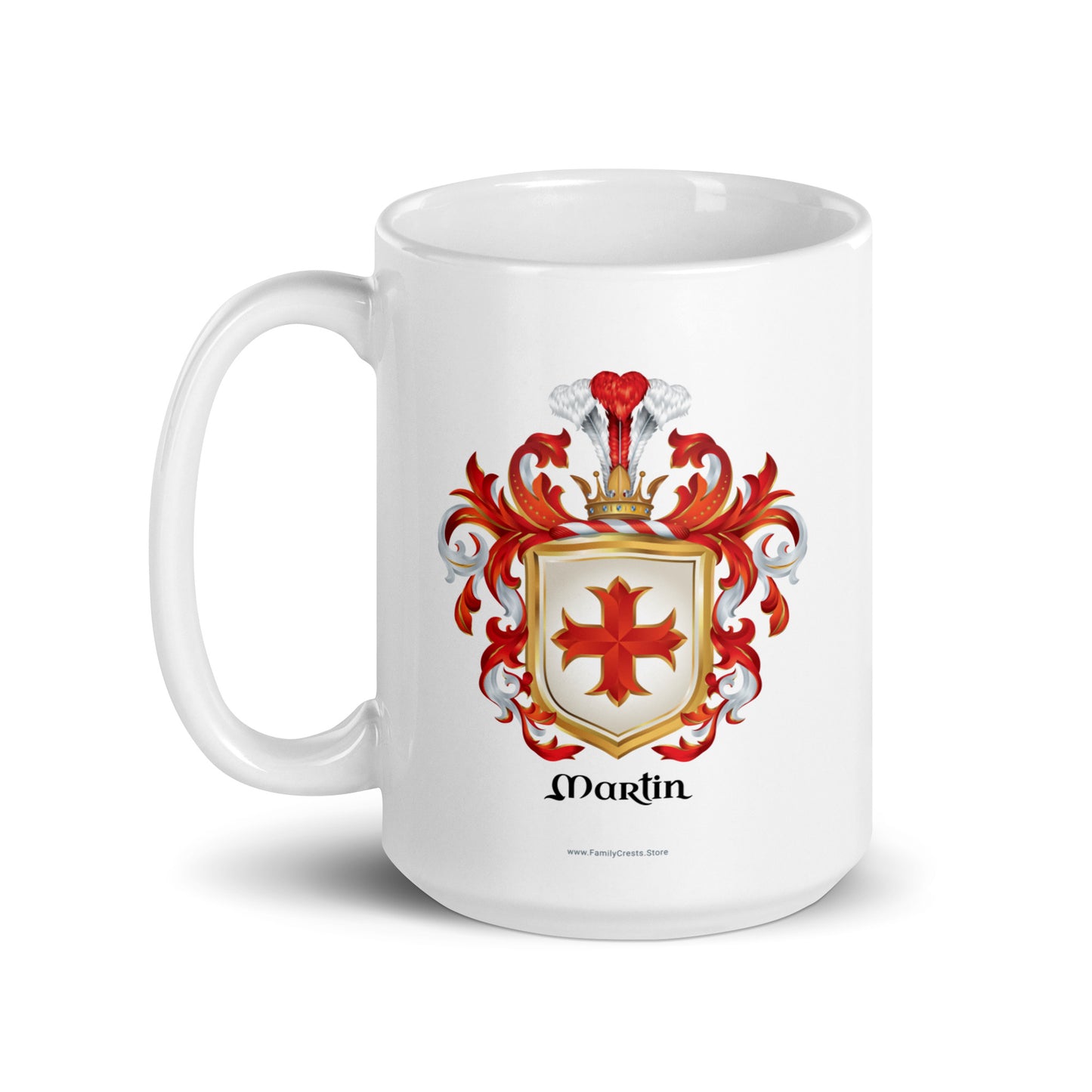 A white mug on a white background with Martin Family Crest print on front of the mug featuring a red cross on white shield