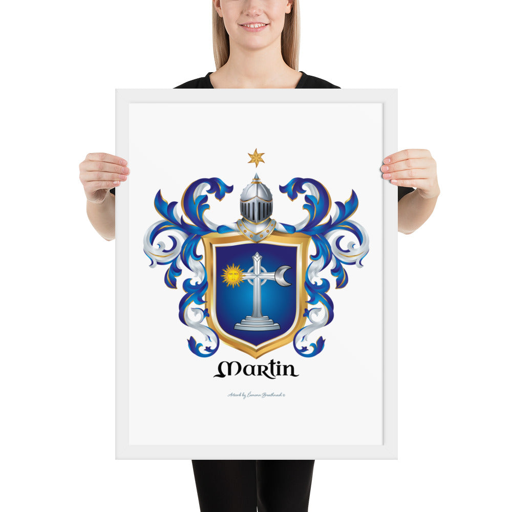 A woman holding a framed print of the Irish Martin Family Crest 