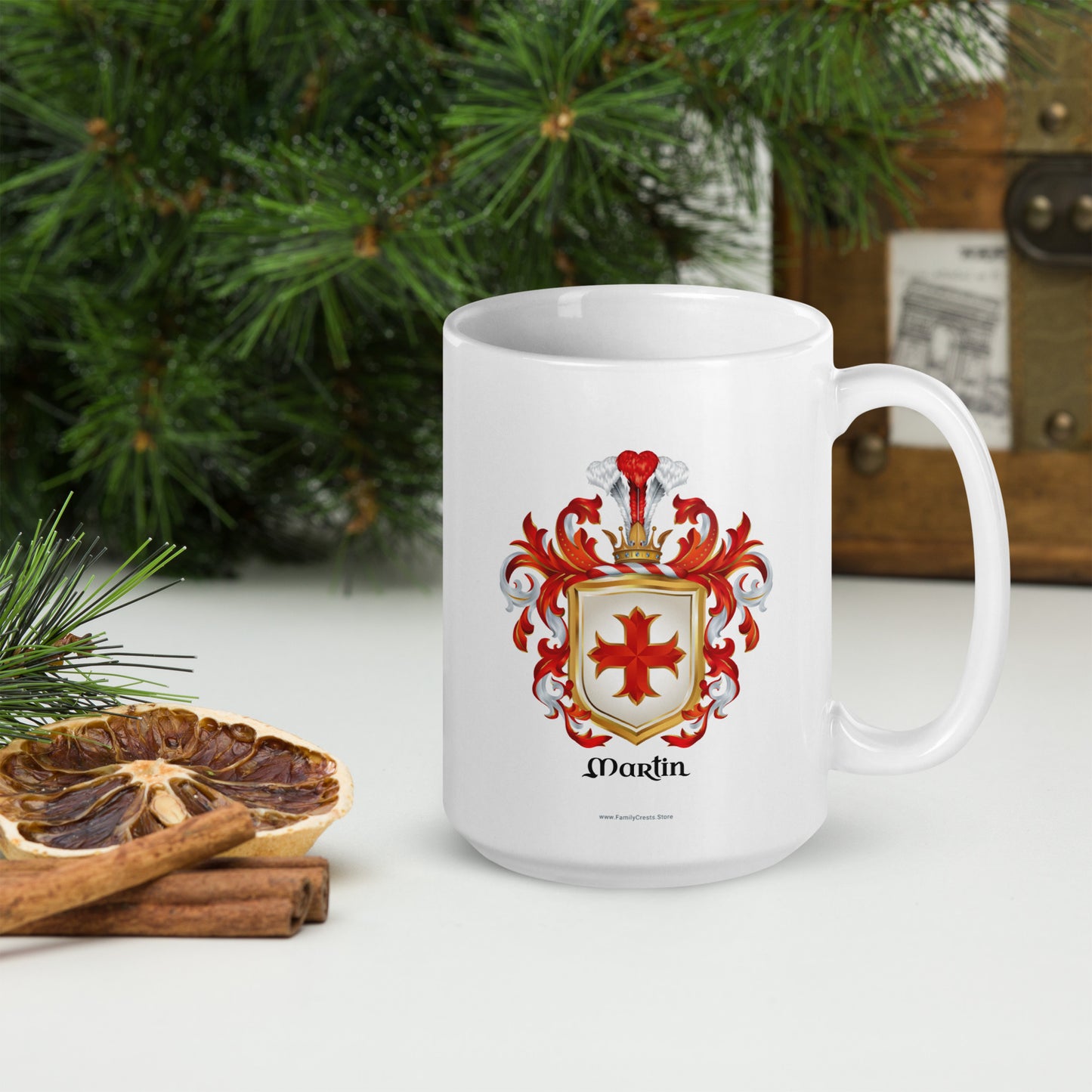 White mug with a Martin Family Crest coat of arms design and 'Marlin' text, placed on a surface with decorative elements.