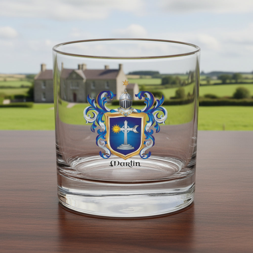 A Martin Irish rocks-glass on a table top with irish landscape in background