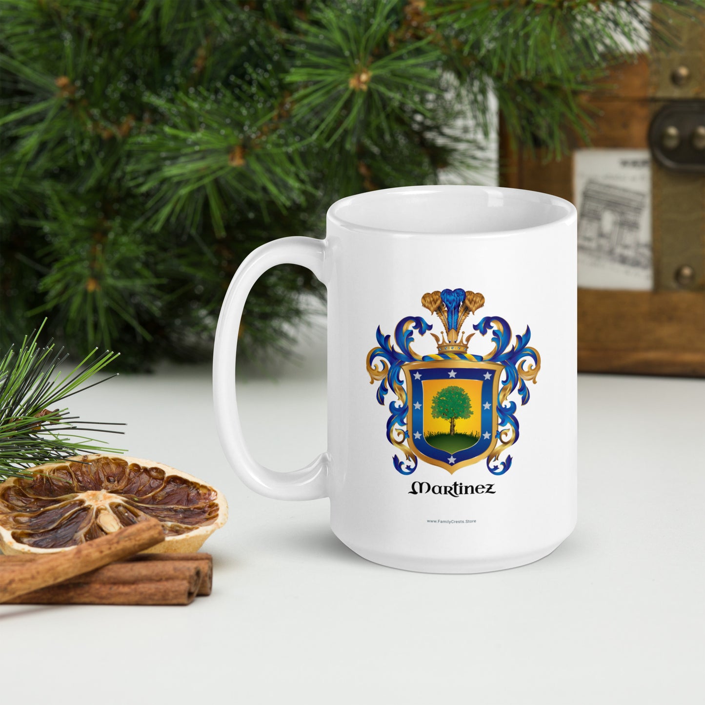 Martinez Family Crest christmas tree in background