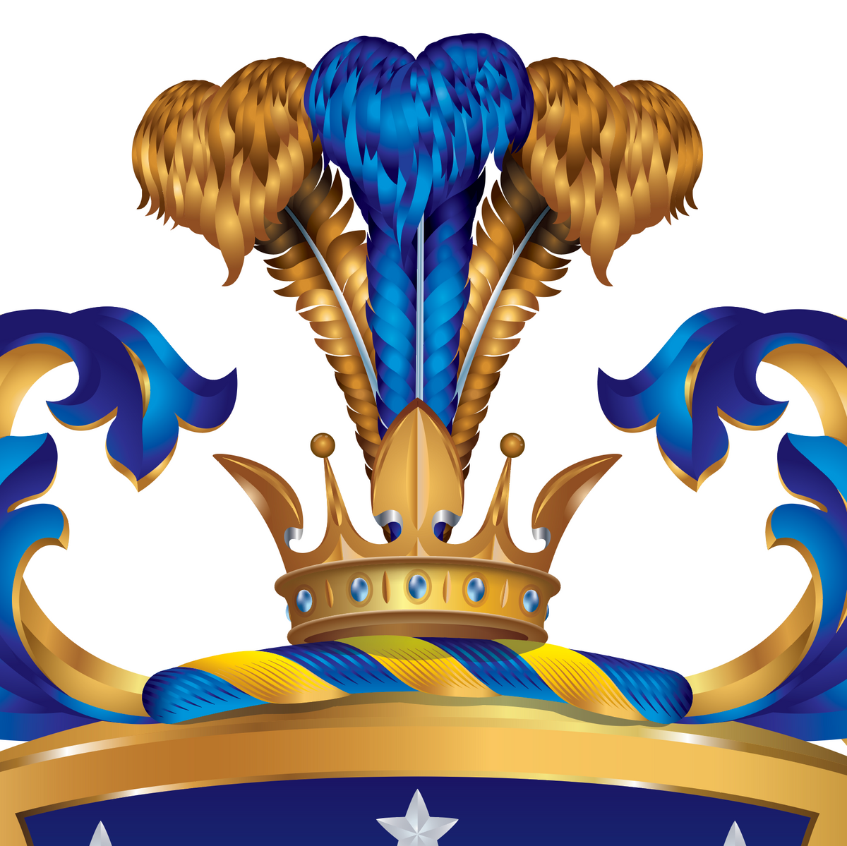 A closeup of the Martinez Family Crest of Galicia & Asturias featuring a gold crown with large feather plumes in blue and gold sitting on a wreath on the top of a shield on a white background.