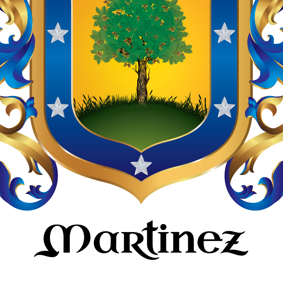 A closeup of the Martinez Family Crest of Galicia & Asturias featuring an oak tree and silver stars in a blue border with blue and gold decorative mantling on the sides and the word Martinez below on a white background.