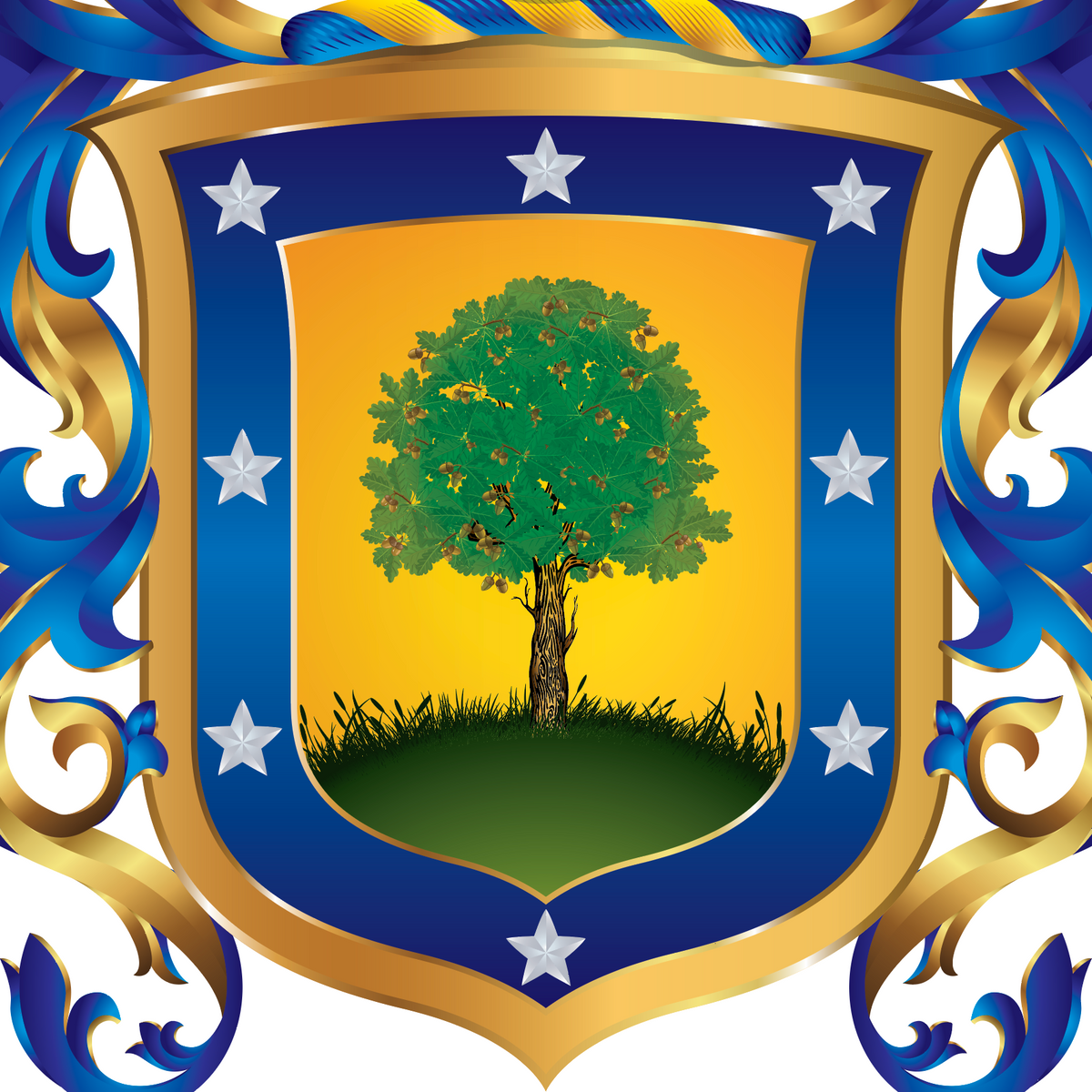 A closeup of the Martinez Family Crest of Galicia & Asturias featuring a heraldic shield with a green tree on a gold background, surrounded by white stars and blue and gold scrollwork.