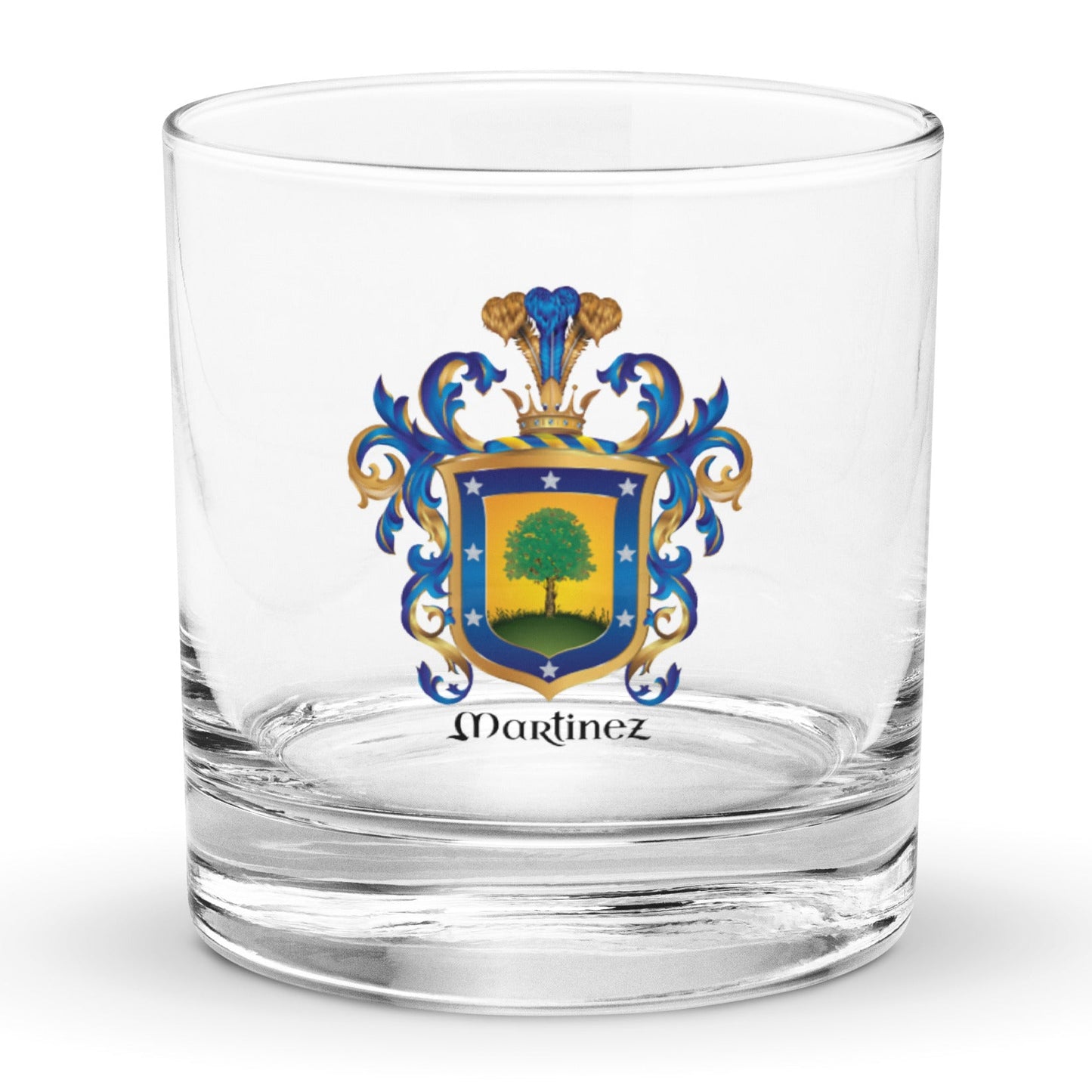 Martinez Family Crest on clear rocks glass
