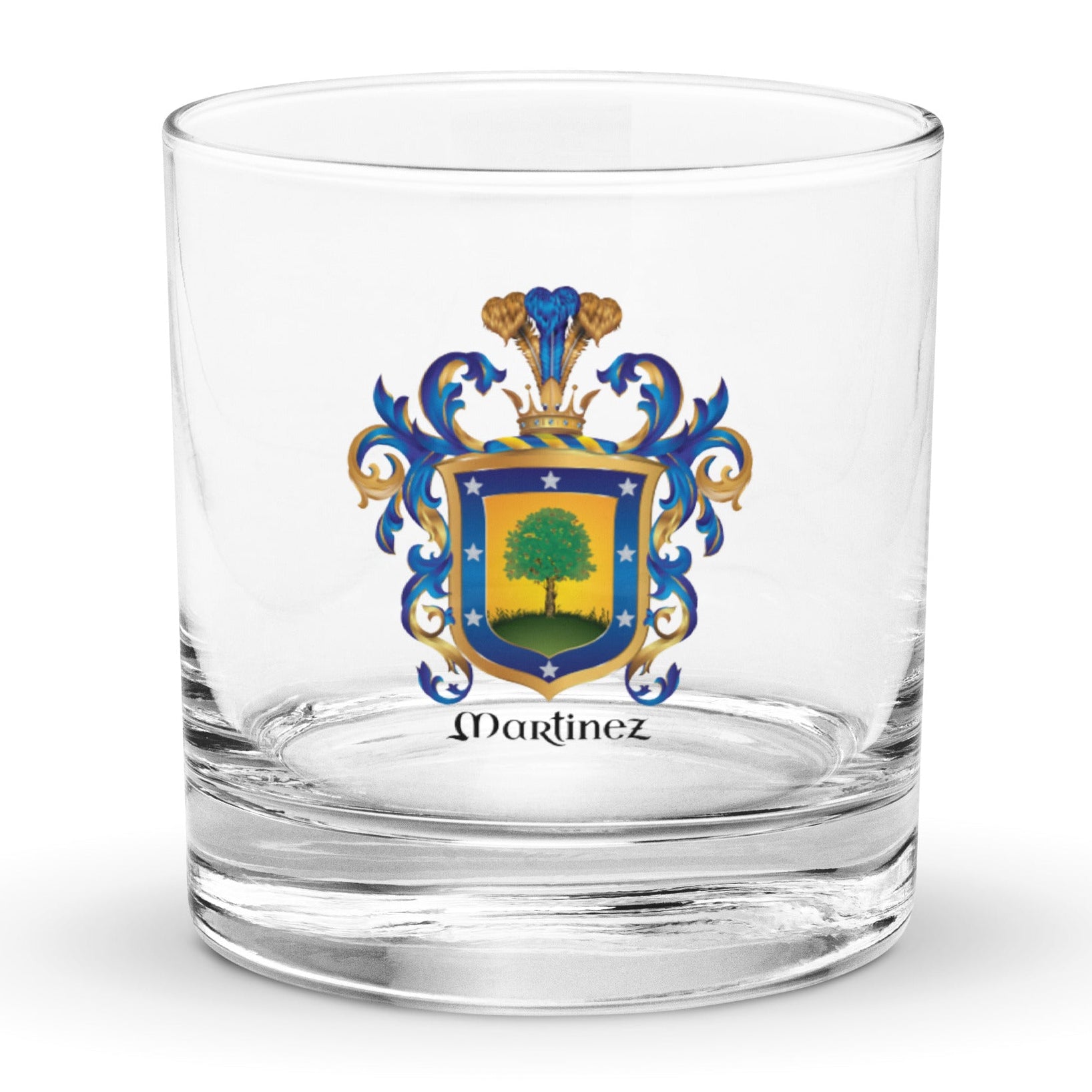 Martinez Family Crest on clear rocks glass