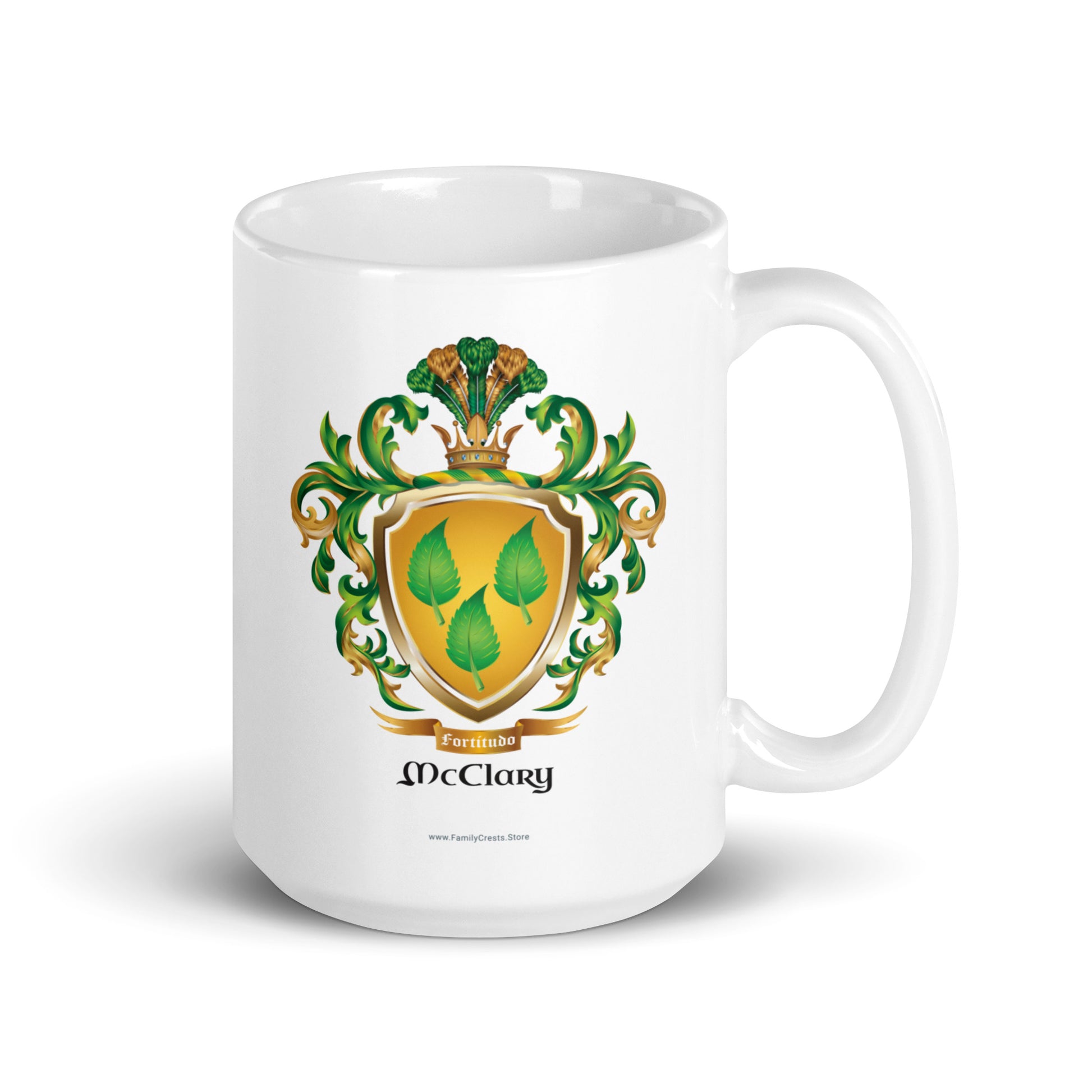 White mug featuring a McClary family name coat of arms