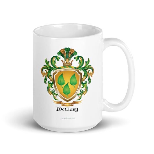 White mug featuring a McClary family name coat of arms