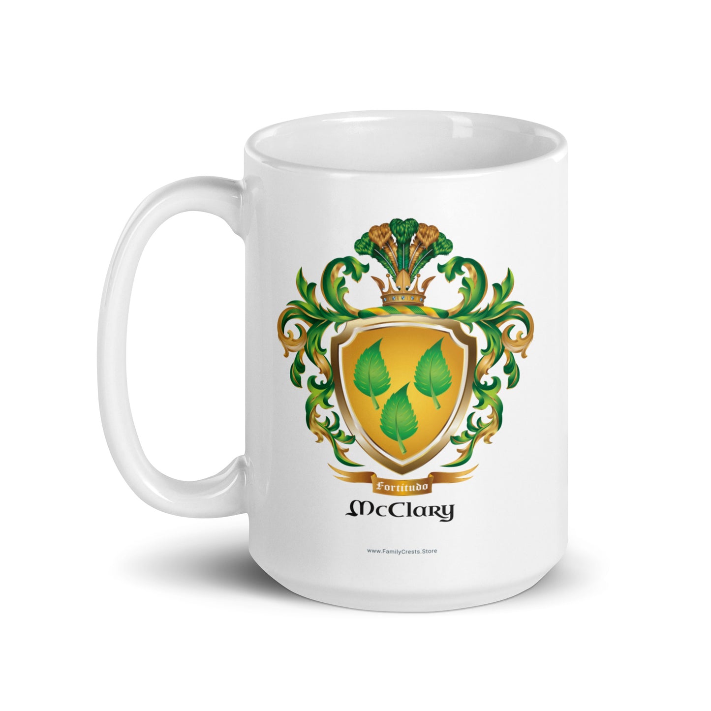 White mug featuring a McClary family name coat of arms on white background
