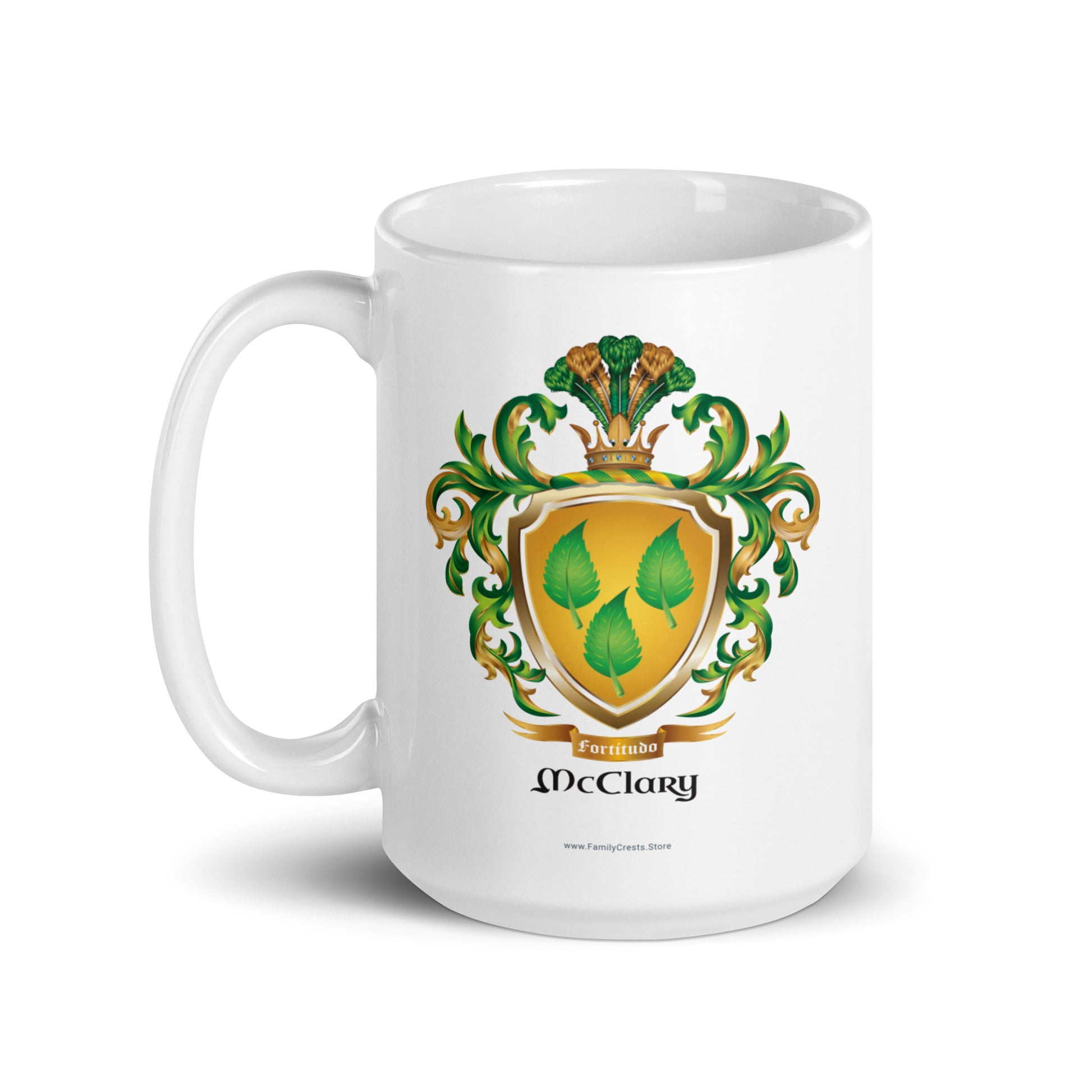 White mug featuring a McClary family name coat of arms on white background