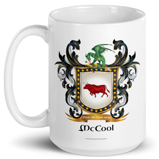 White mug with a McCool Family Crest featuring a red bull and green dragon, branded 'Mccool'.