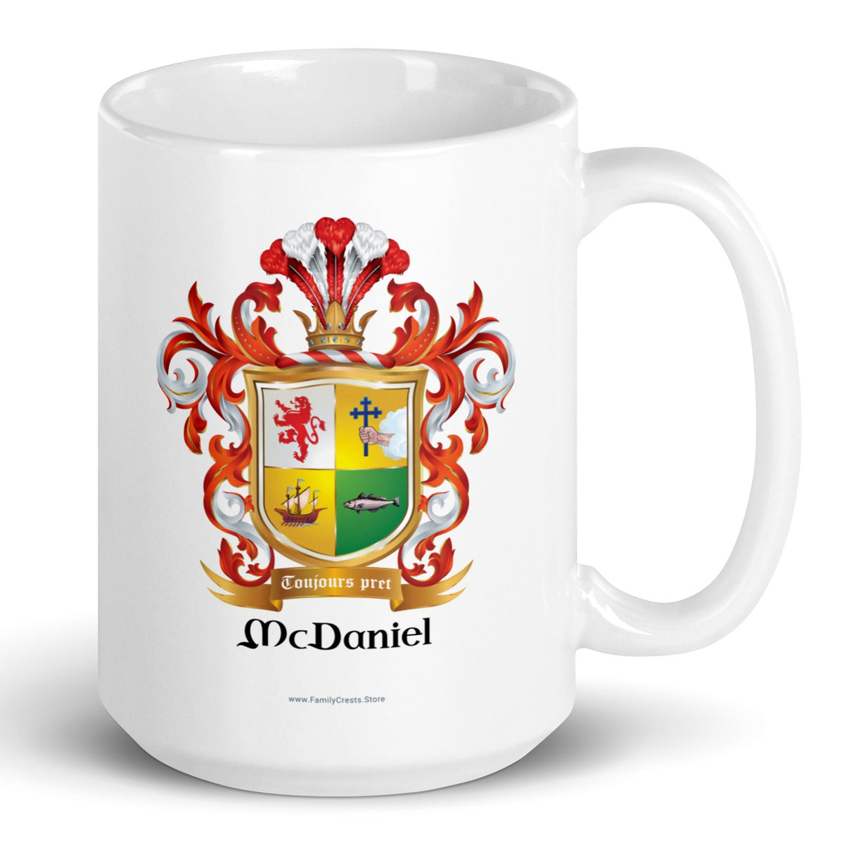 McDaniel Family Crest on a white mug handle to right