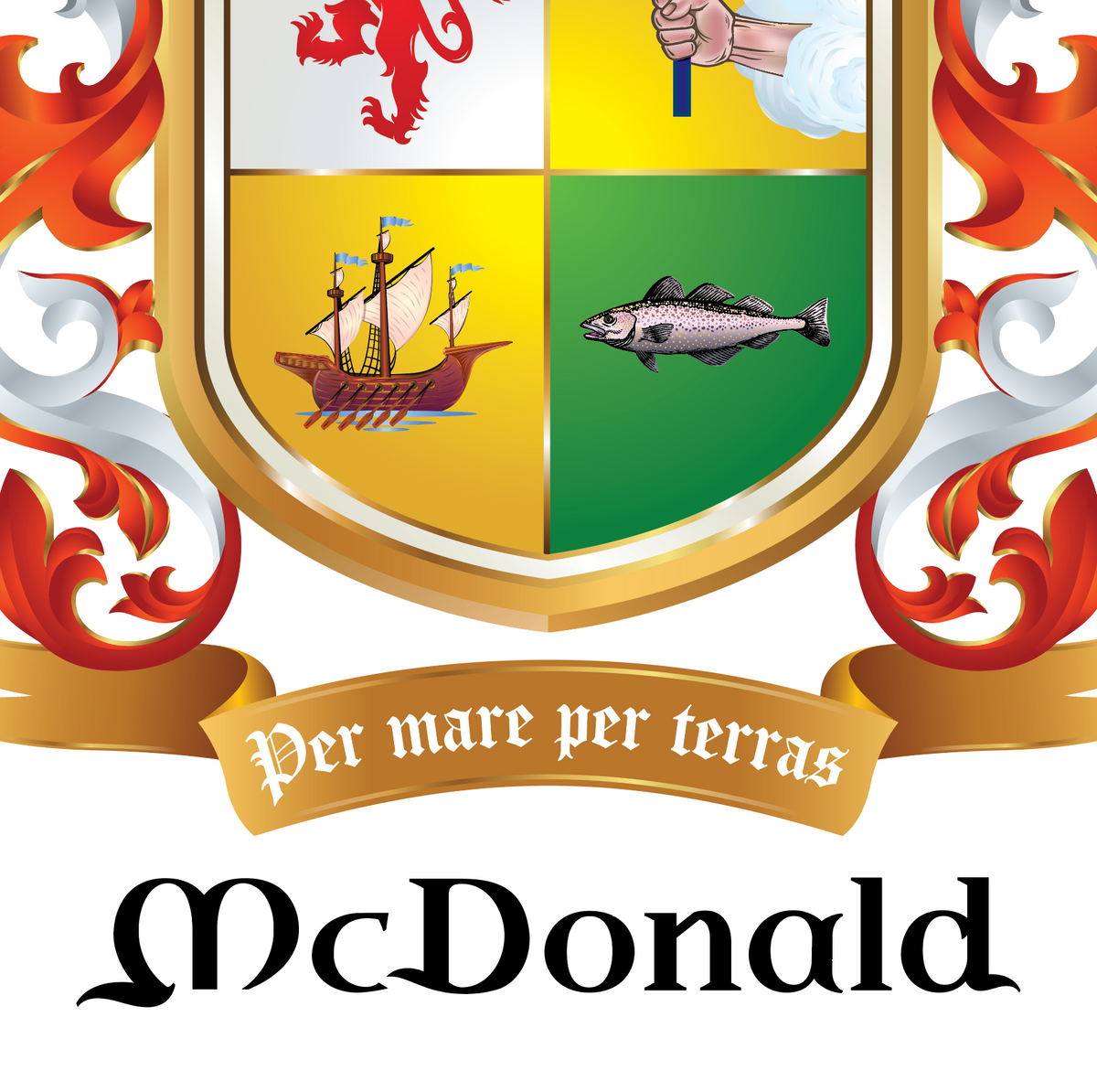 McDonald's crest with four quadrants showing a red lion, a hand holding a blue spoon, a sailing ship, and a fish, with the motto 'Per mare per terras' and the McDonald logo below on a black background.