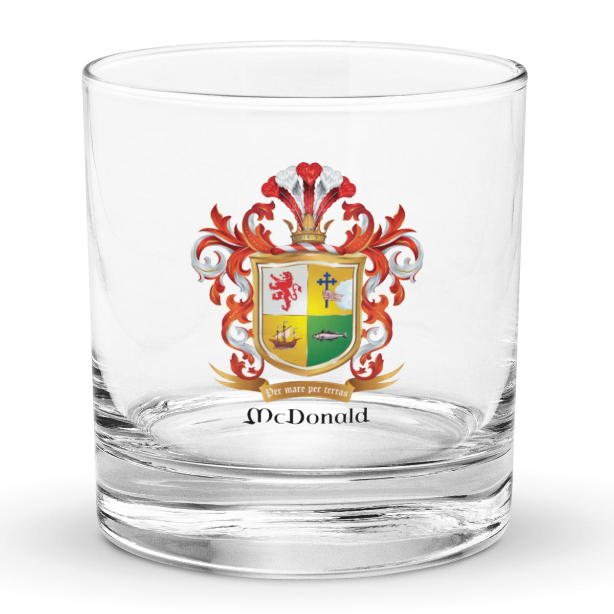 McDonald Family Crest rocks whiskey glass on white background