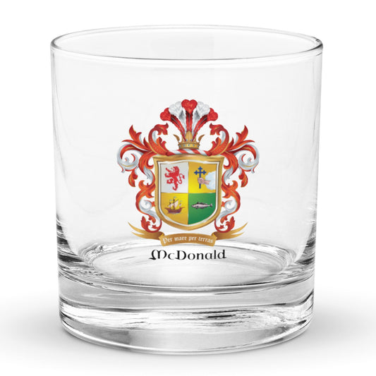 McDonald Family Crest rocks whiskey glass on white background
