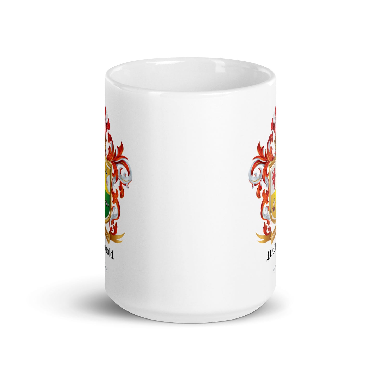 McDonald Family Crest on a white 15oz mug showing that the crest is printed twice on the mug