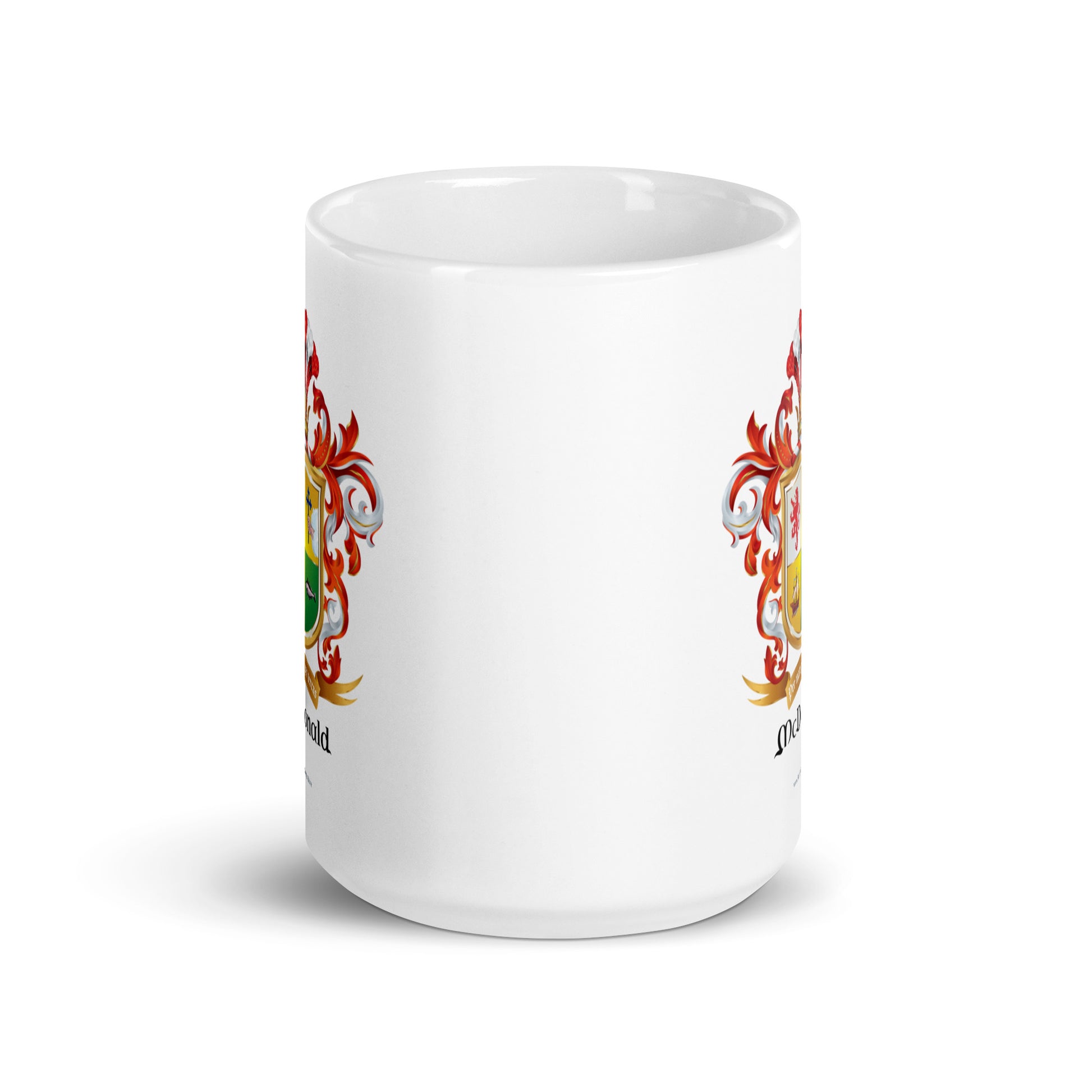 McDonald Family Crest on a white 15oz mug showing that the crest is printed twice on the mug
