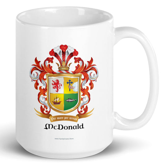 McDonald Family Crest on a white 15oz mug against a white background with handle facing right