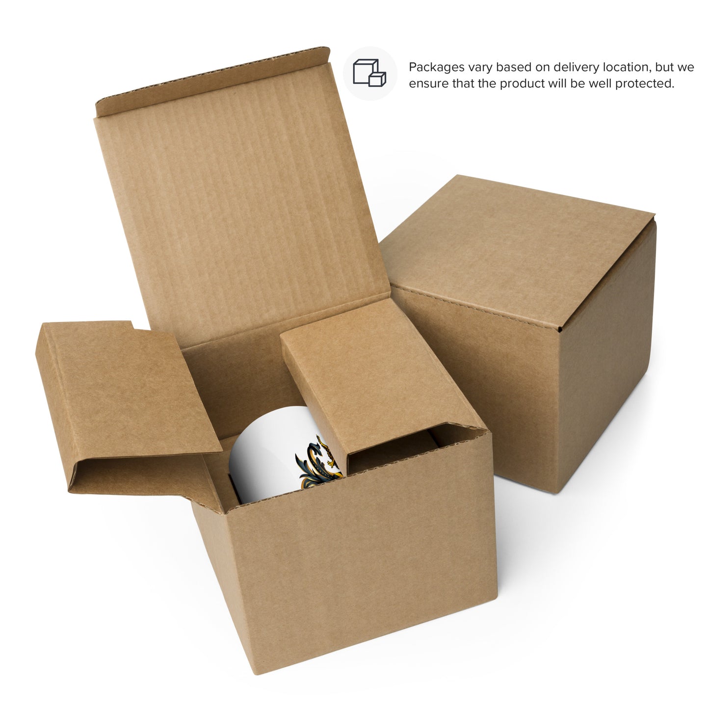 Brown cardboard box with a white McKnight Family Crest mug inside on a white background