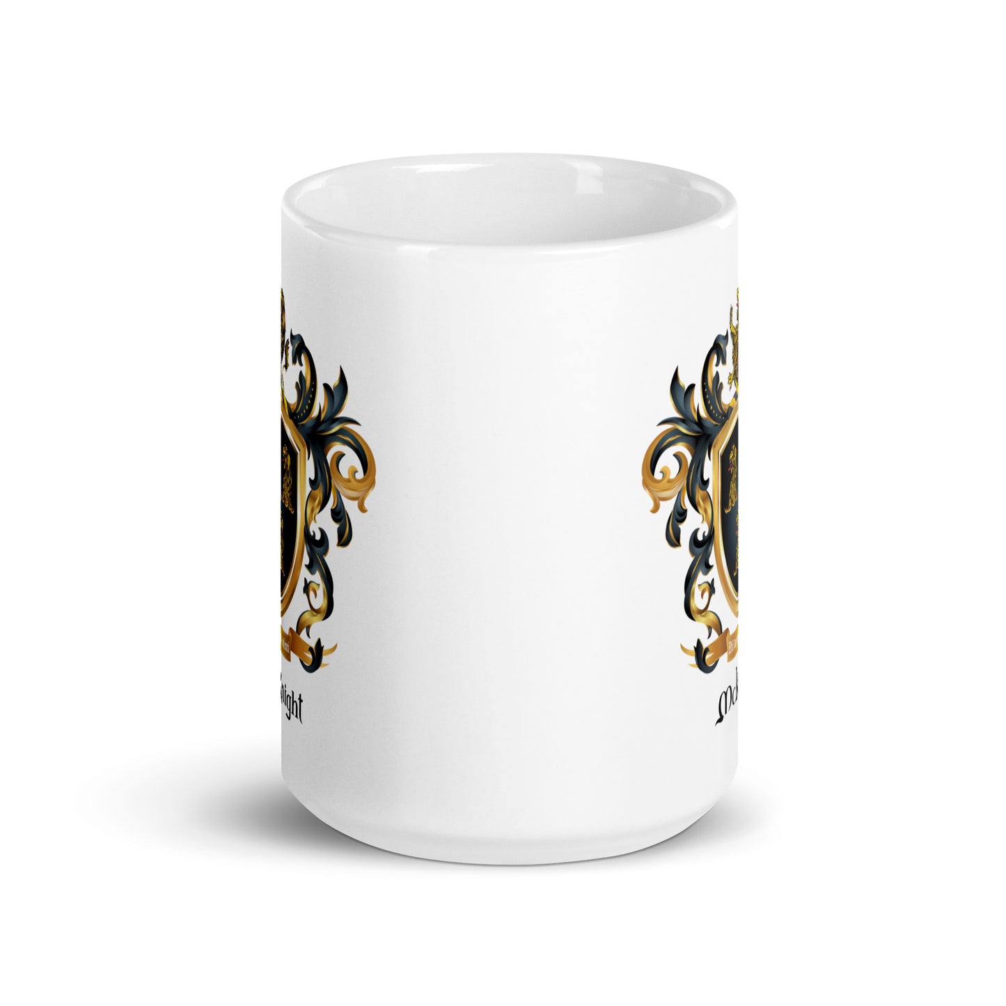 A white ceramic mug featuring a decorative black and gold mantling from the McKnight Family Crest printed on the sides, shown against a plain white background.