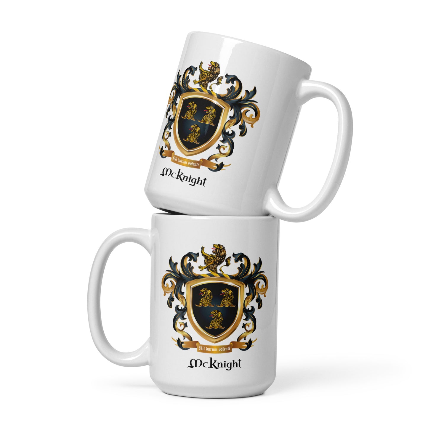 Two white mugs with a family crest and 'Mcknight' text on a white background