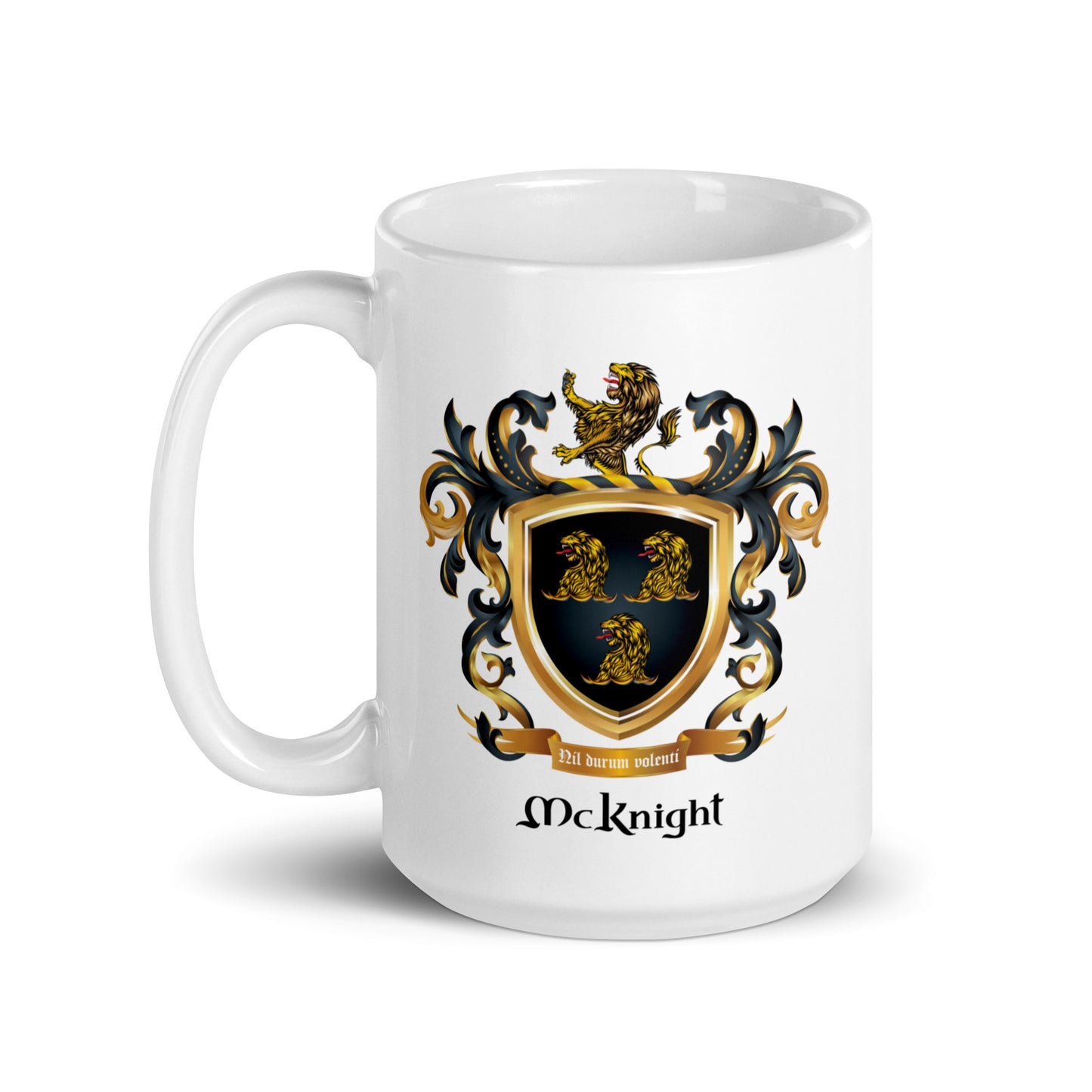 A white ceramic mug featuring a printed McKnight family crest with a gold lion, black and gold shield, and black gothic lettering below, shown on a clean white background.