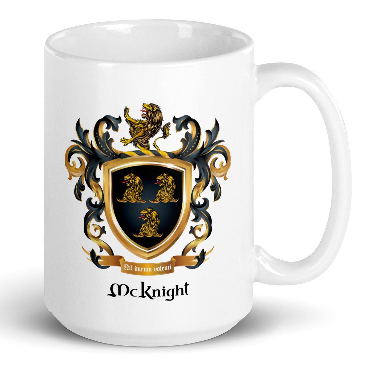 A white ceramic mug featuring a printed McKnight family crest with a gold lion, black and gold shield, and ornate black mantling, with the name 'McKnight' printed below in black.
