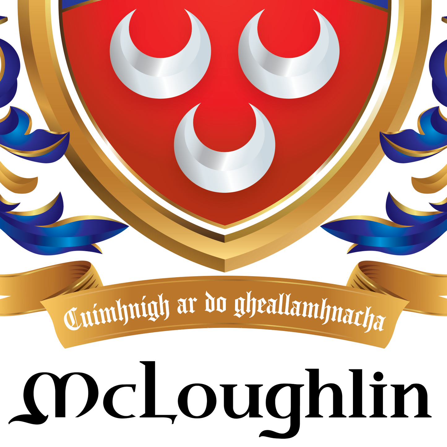 A closeup of the lower half of the McLoughlin coat of arms shield, which features three silver crescent moons, blue and gold mantling, a gold motto banner reading 'Cuimhnigh ar do gheallamhnacha', and the name 'McLoughlin' in large black script below on a white background.