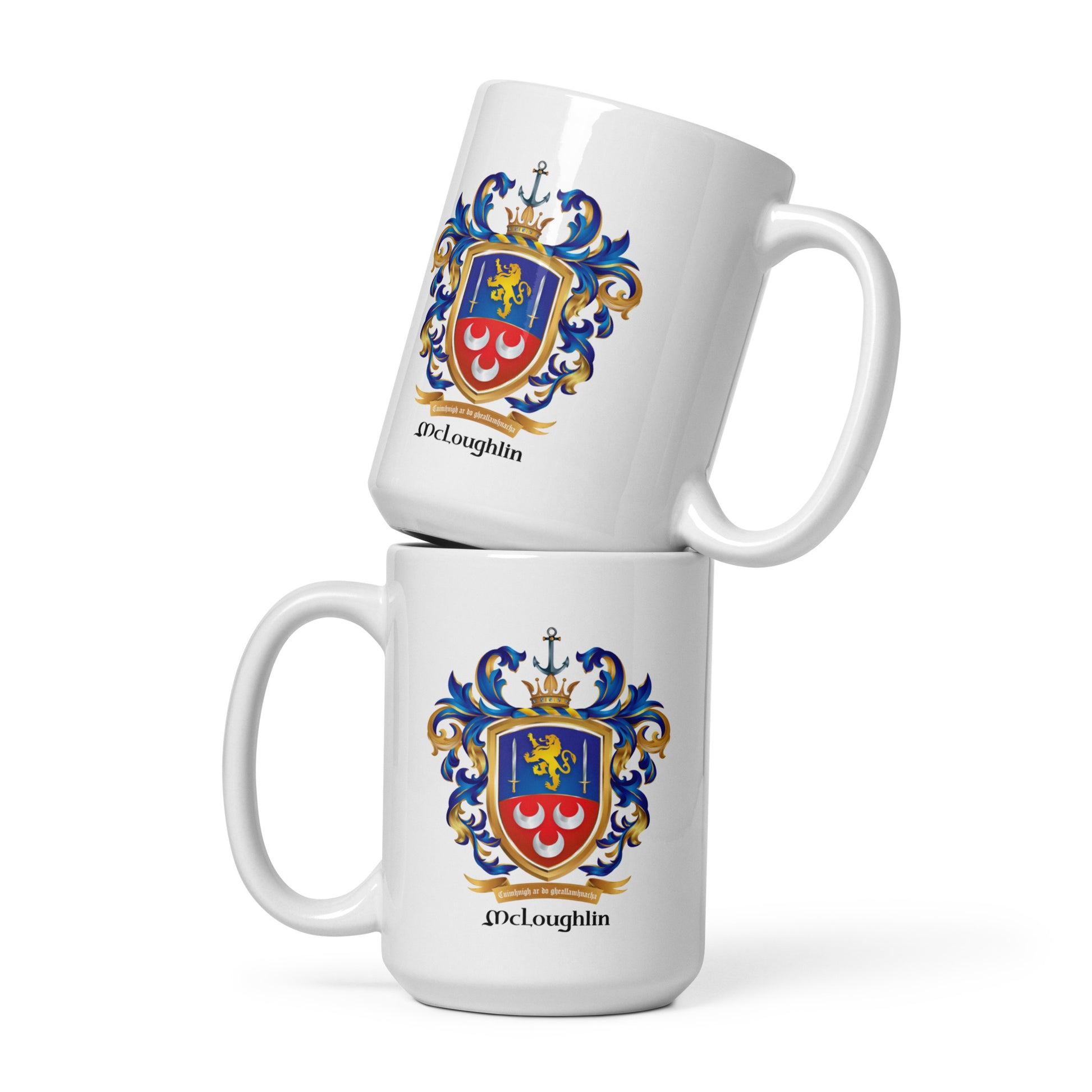 Two stacked white ceramic mugs with a detailed family crest printed on the front, featuring the name 'McLoughlin' underneath, set against a clean white background.