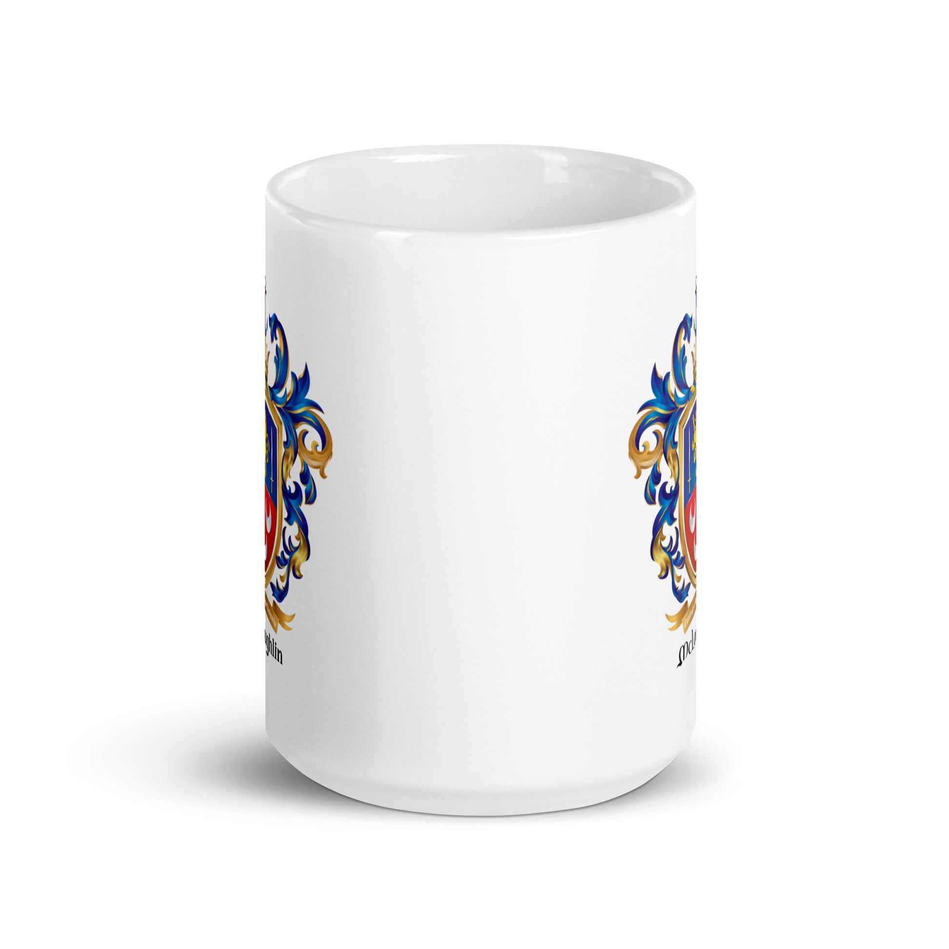 crest showing on two sides of white mug