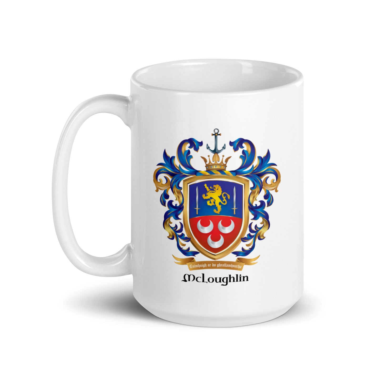A white 15 oz mug - handle facing left -with a slightly beveled base featuring a printed McLoughlin family crest with a gold lion, two swords and 3 silver crescents and the name McLoughlin below a motto ribbon, shown on a white background.