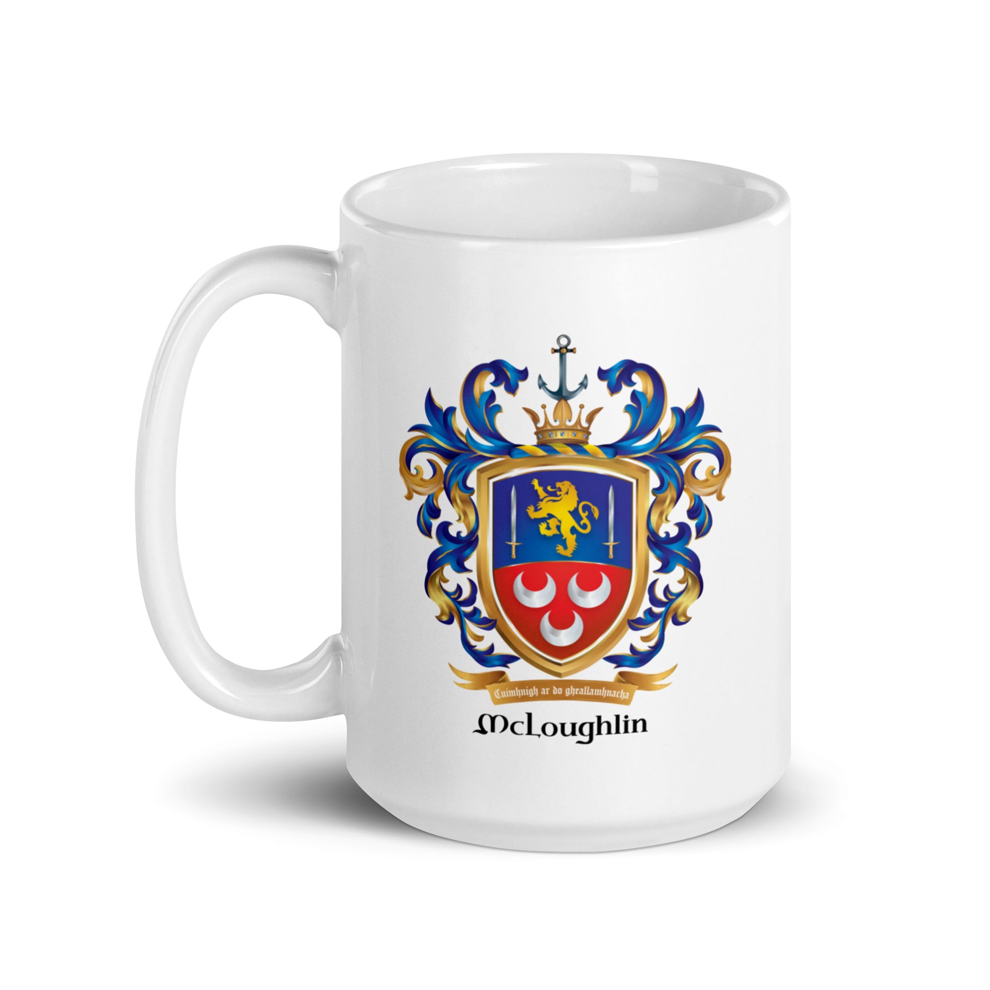 A white 15 oz mug - handle facing left -with a slightly beveled base featuring a printed McLoughlin family crest with a gold lion, two swords and 3 silver crescents and the name McLoughlin below a motto ribbon, shown on a white background.