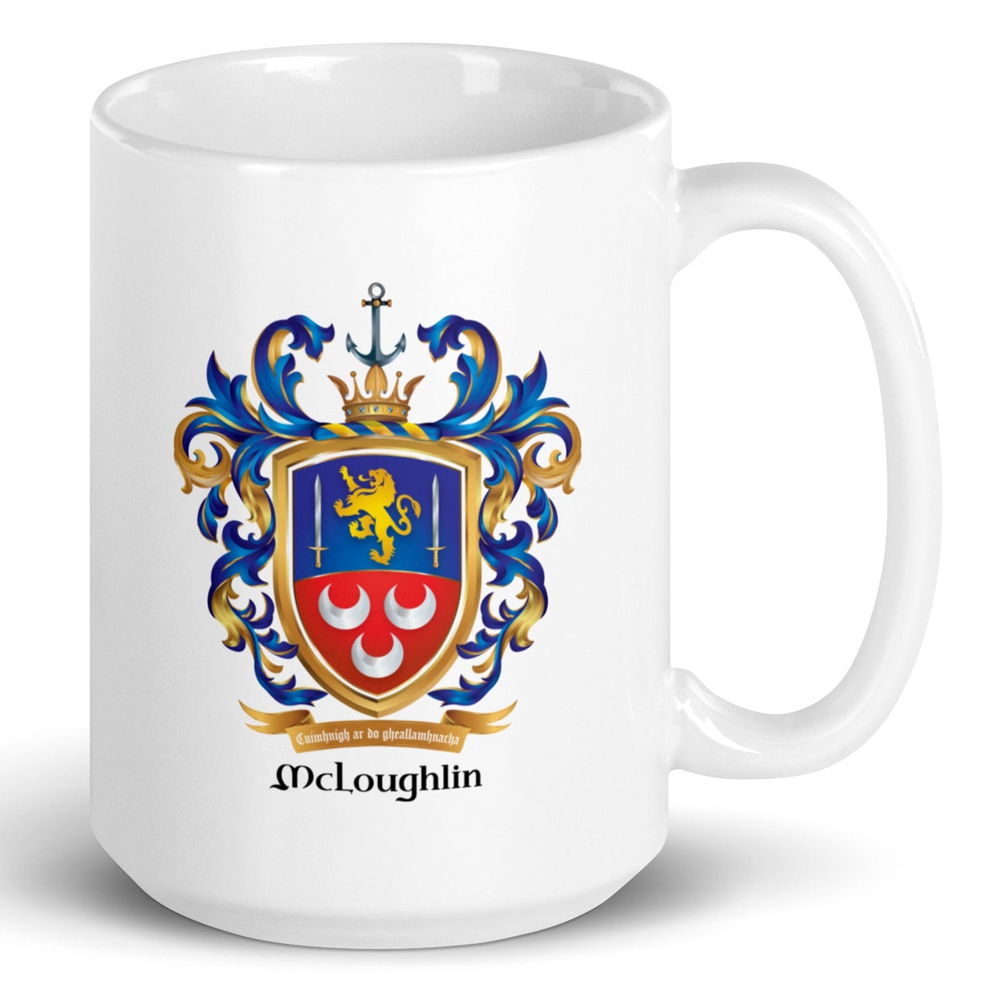 A white 15 oz mug with a slightly beveled base featuring a printed McLoughlin family crest with a gold lion, two swords and 3 silver crescents and the name McLoughlin below a motto ribbon, shown on a white background.