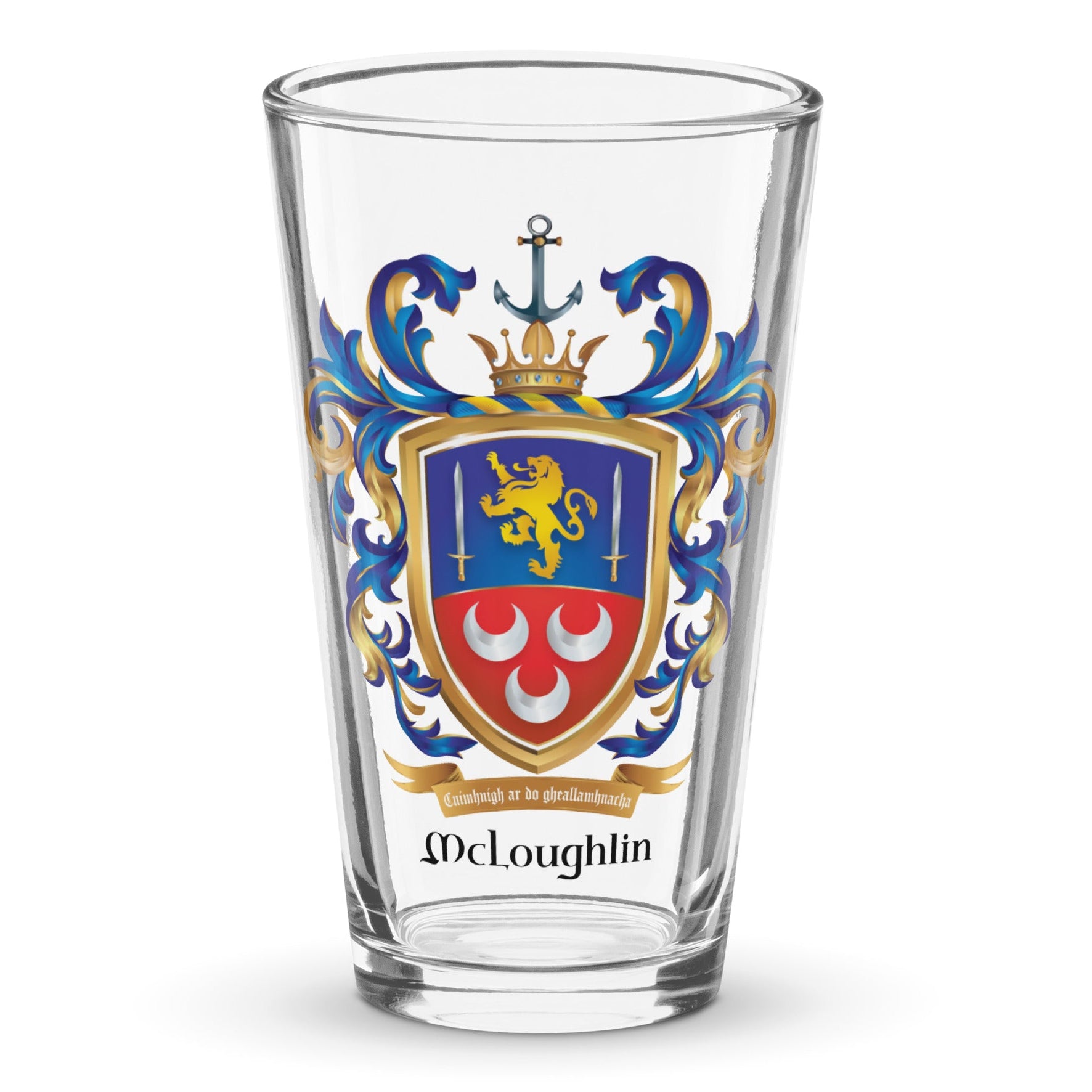 A classic clear pint glass  featuring a printed McLoughlin family crest with a gold lion , two swords and 3 silver crescents and the name McLoughlin below a motto ribbon, shown on a white background