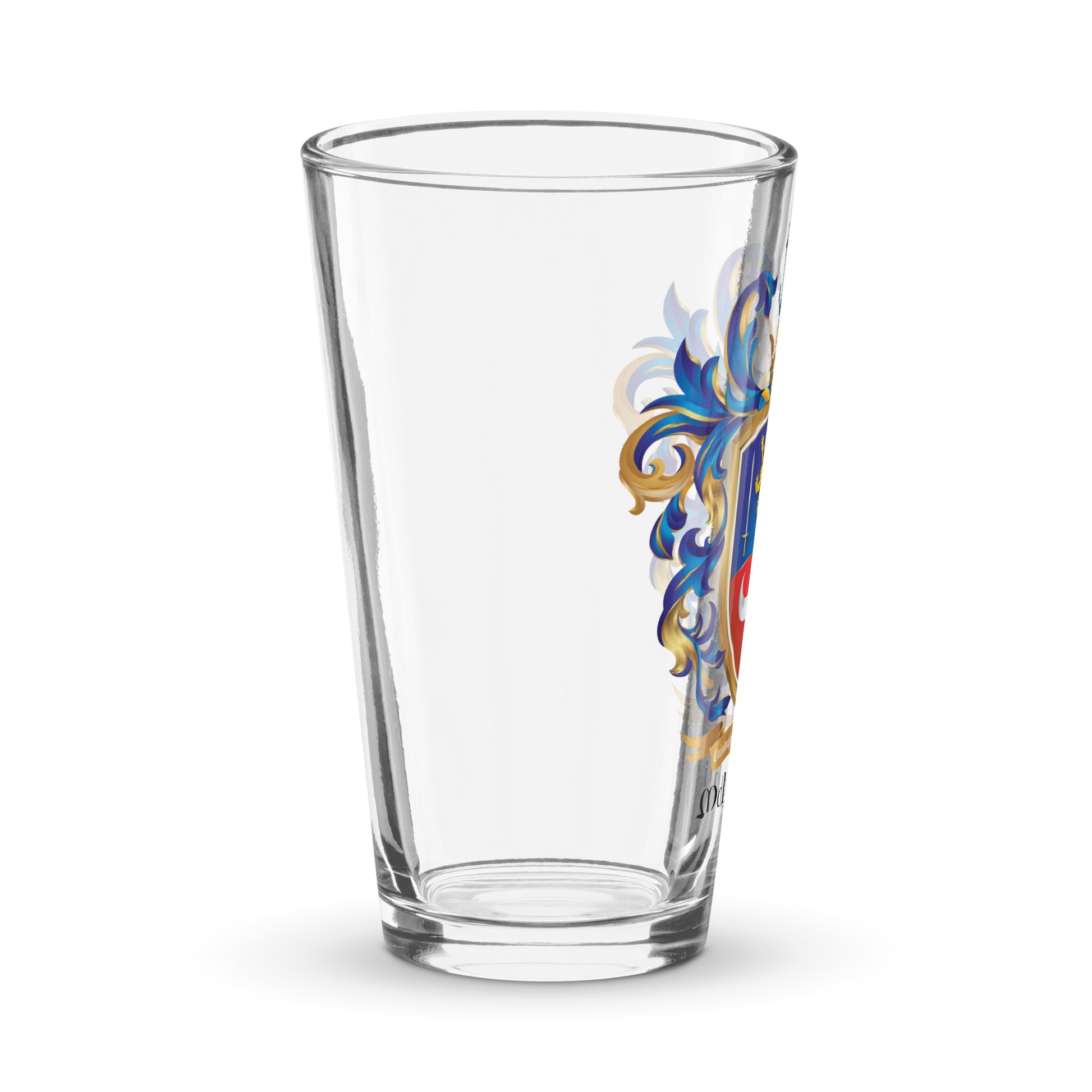 McLoughlin pint beer glass from side view with crest partially visible to the right