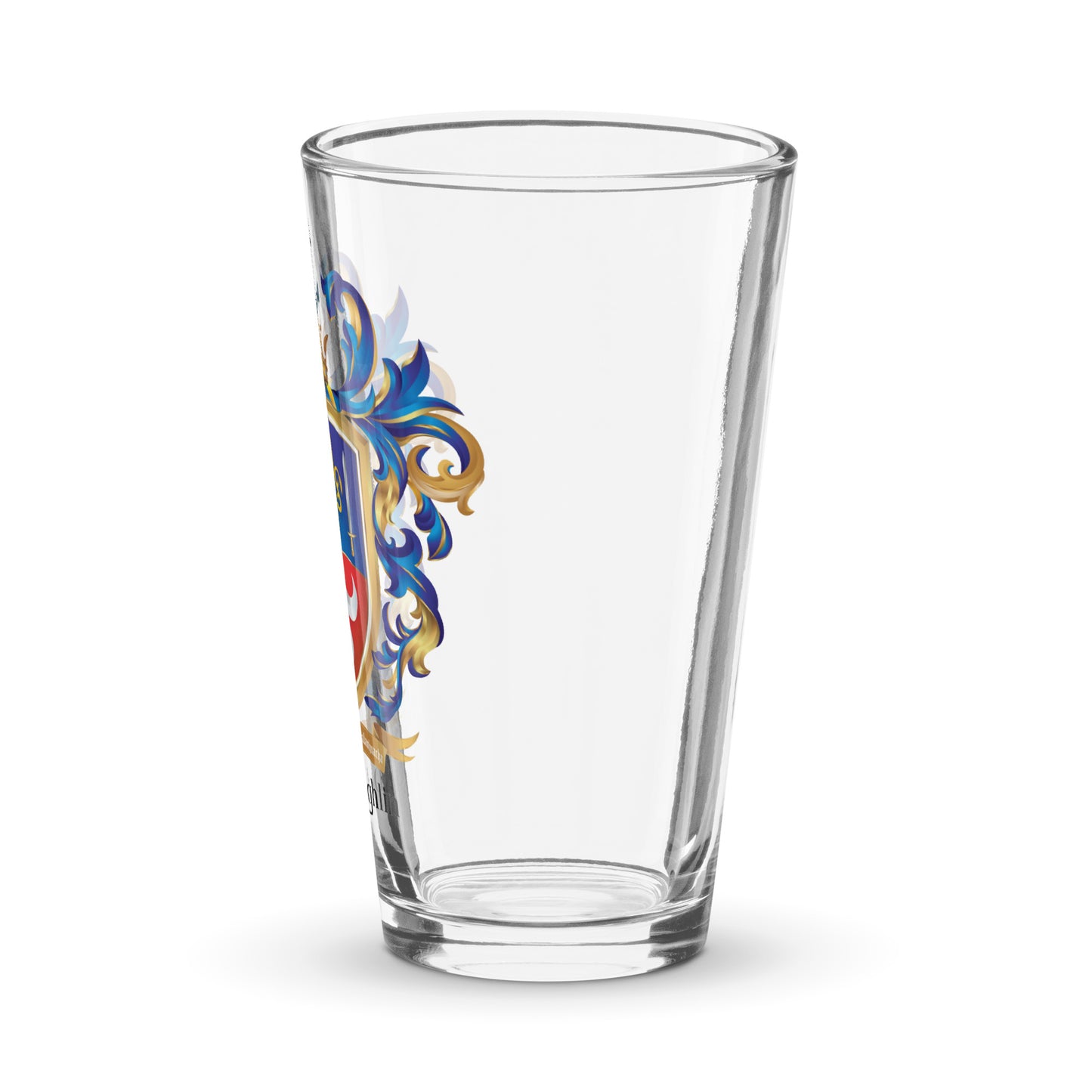 McLoughlin pint beer glass from side view with crest partially visible to the left