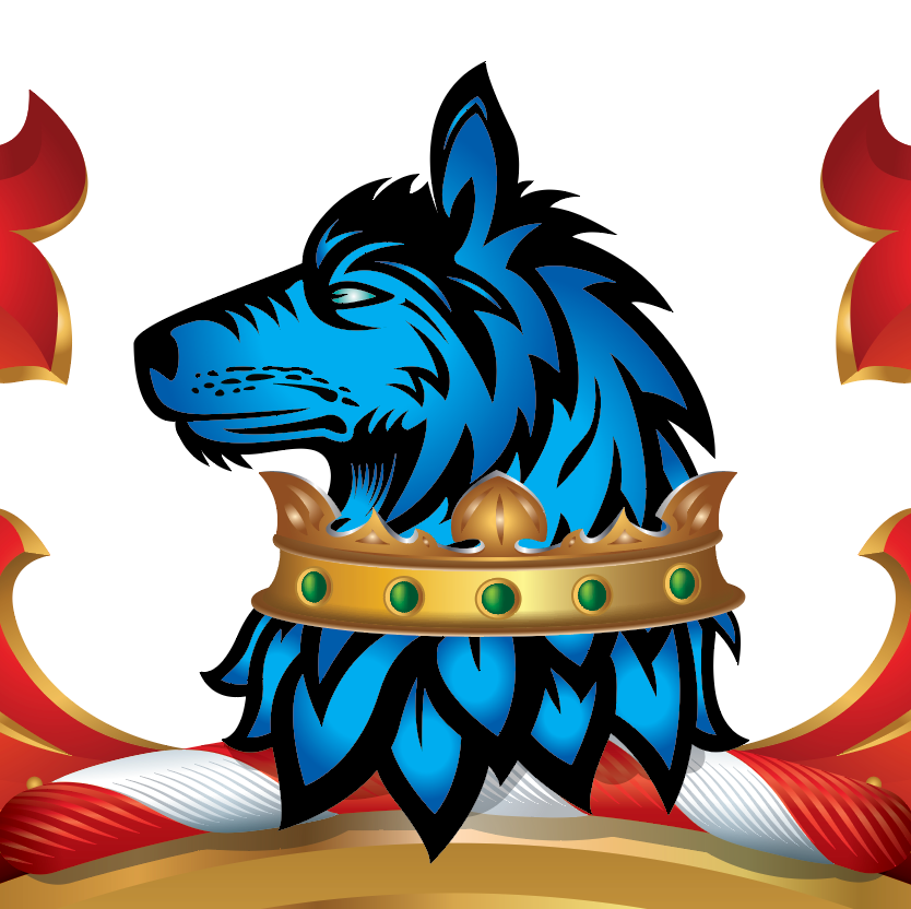 Detail from the English origin Miller Family Crest illustration featuring a close up of a blue wolf head with a gold crown on the crest of the coat of arms
