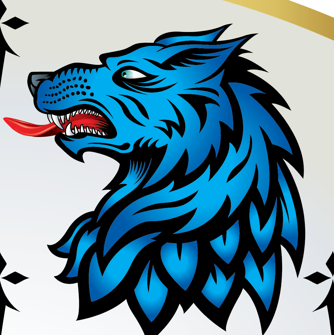 Detail from the English origin Miller Family Crest illustration featuring a close up of a blue wolf head design from the coat of arms