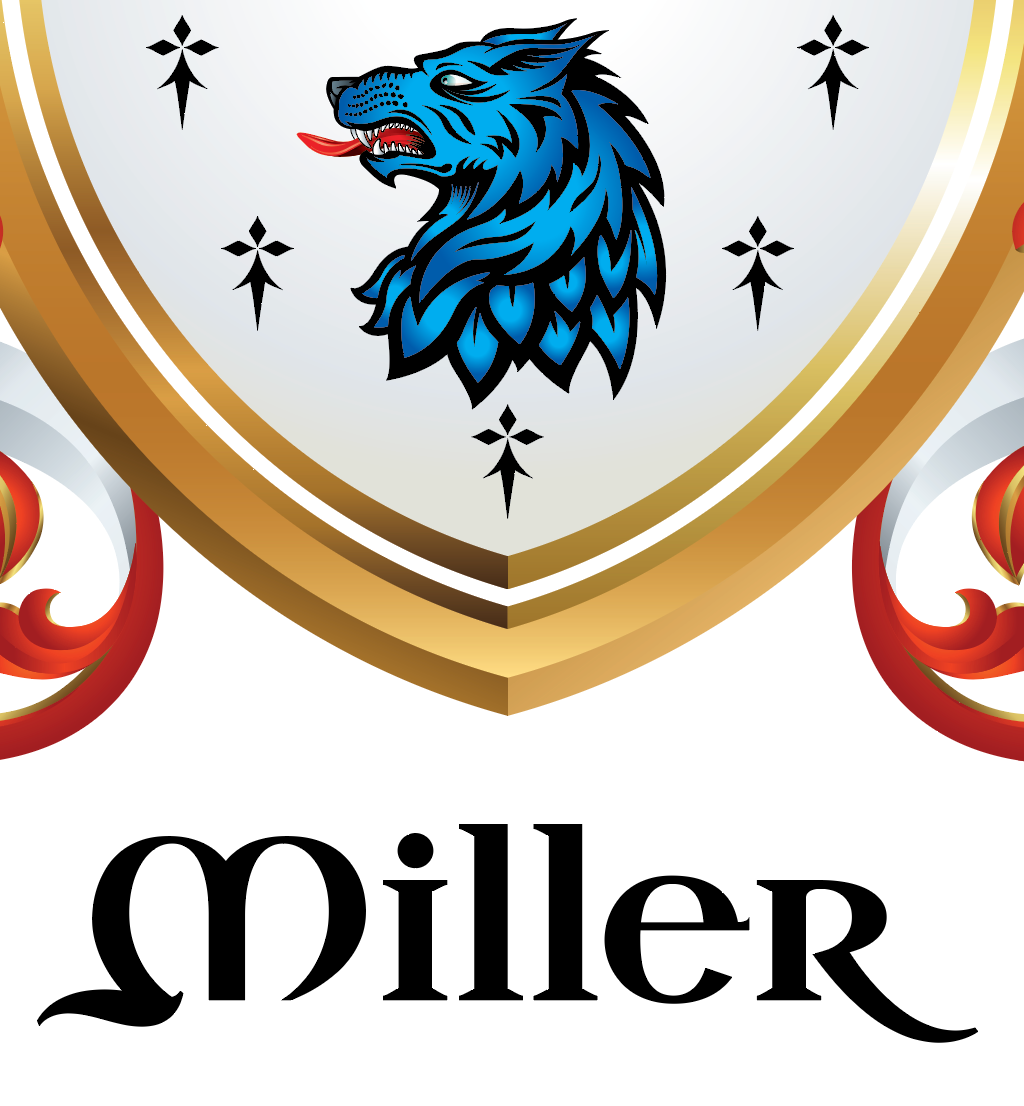 Detail from the English origin Miller Family Crest illustration featuring a close up of a blue wolf head on a shield design with heraldic typography featuring the name Miller 