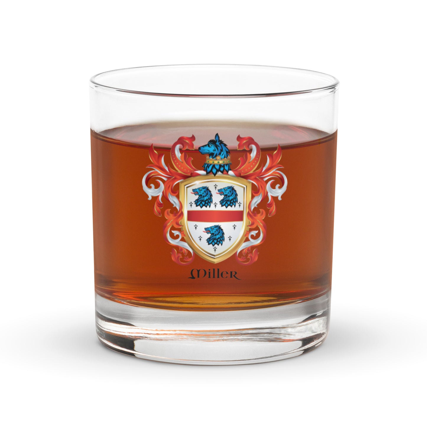 Glass of whiskey with a Miller family crest coat of arms design on a white background