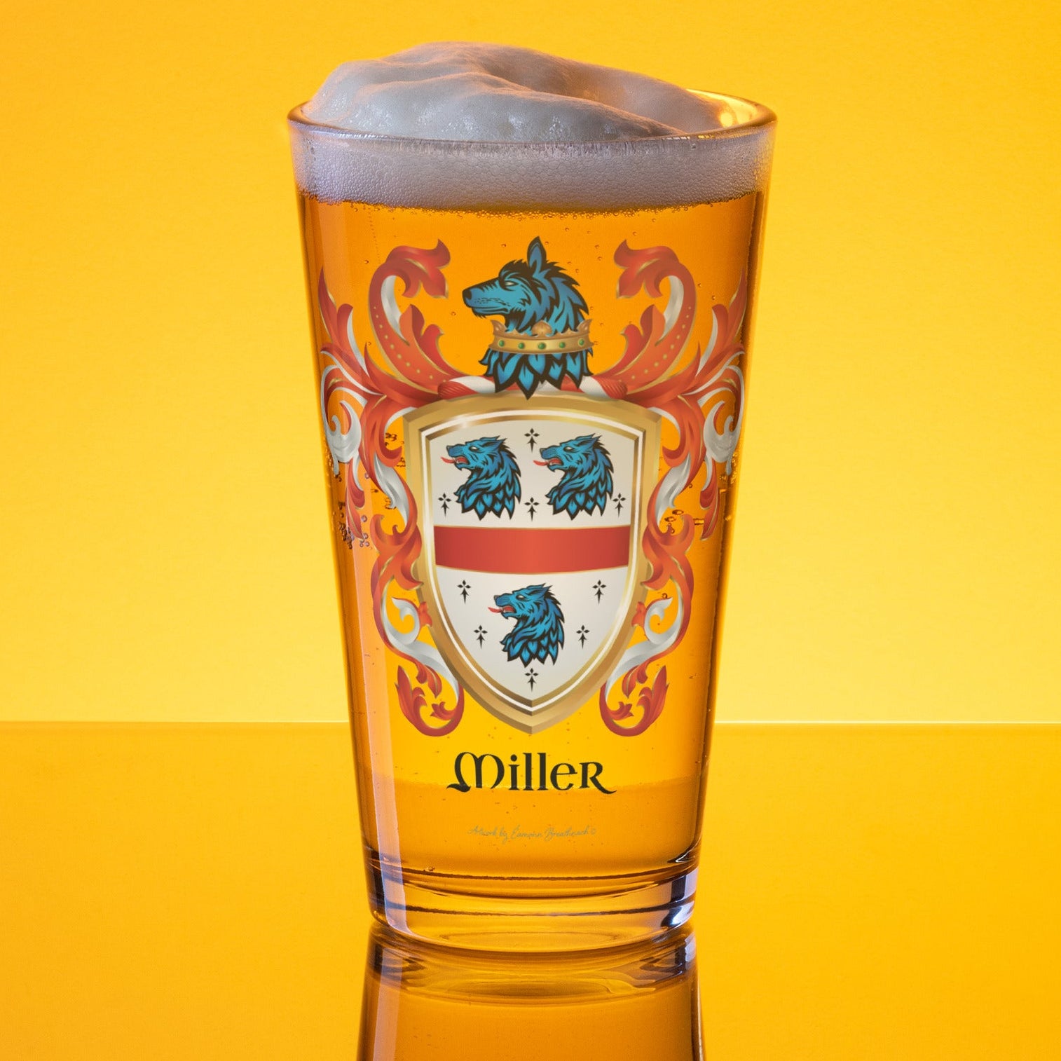 Pint glass with a Miller Family Crest  and 'Miller' name in black text on a yellow background
