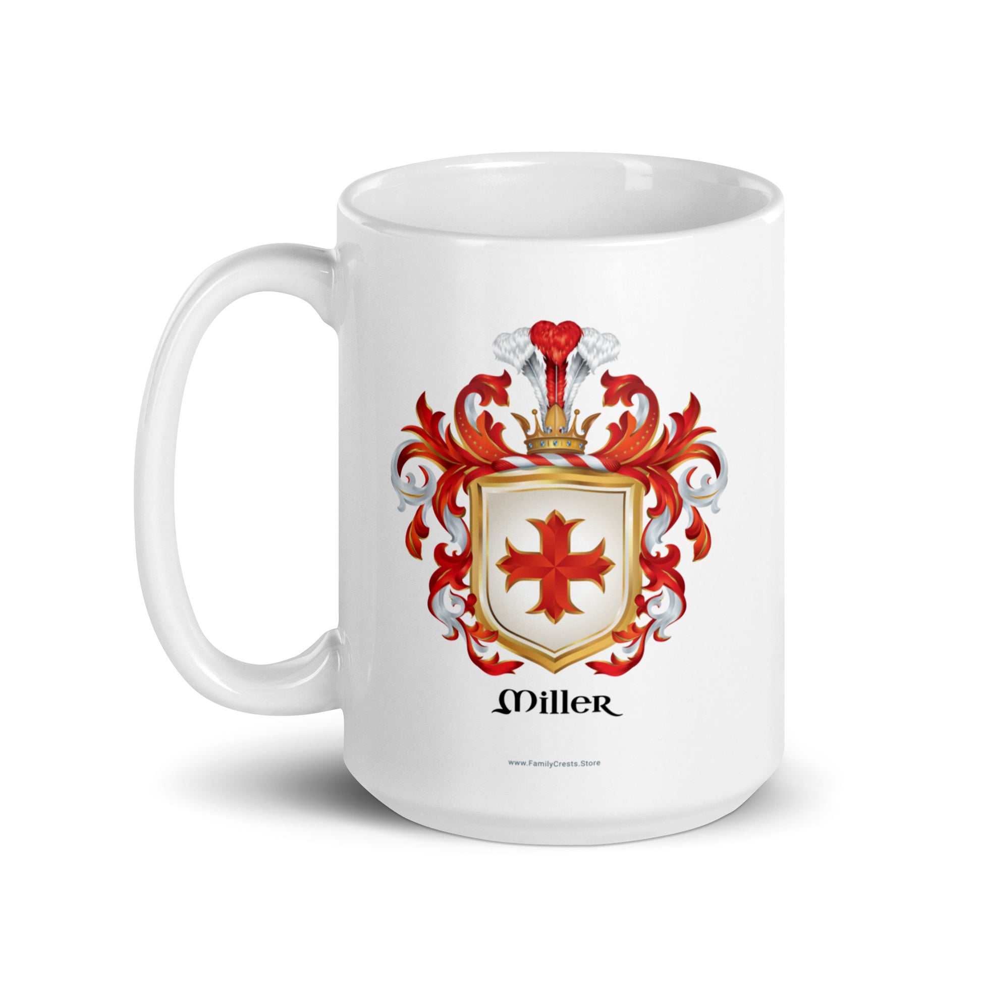 White mug with the Miller Family Crest red cross design on a white background
