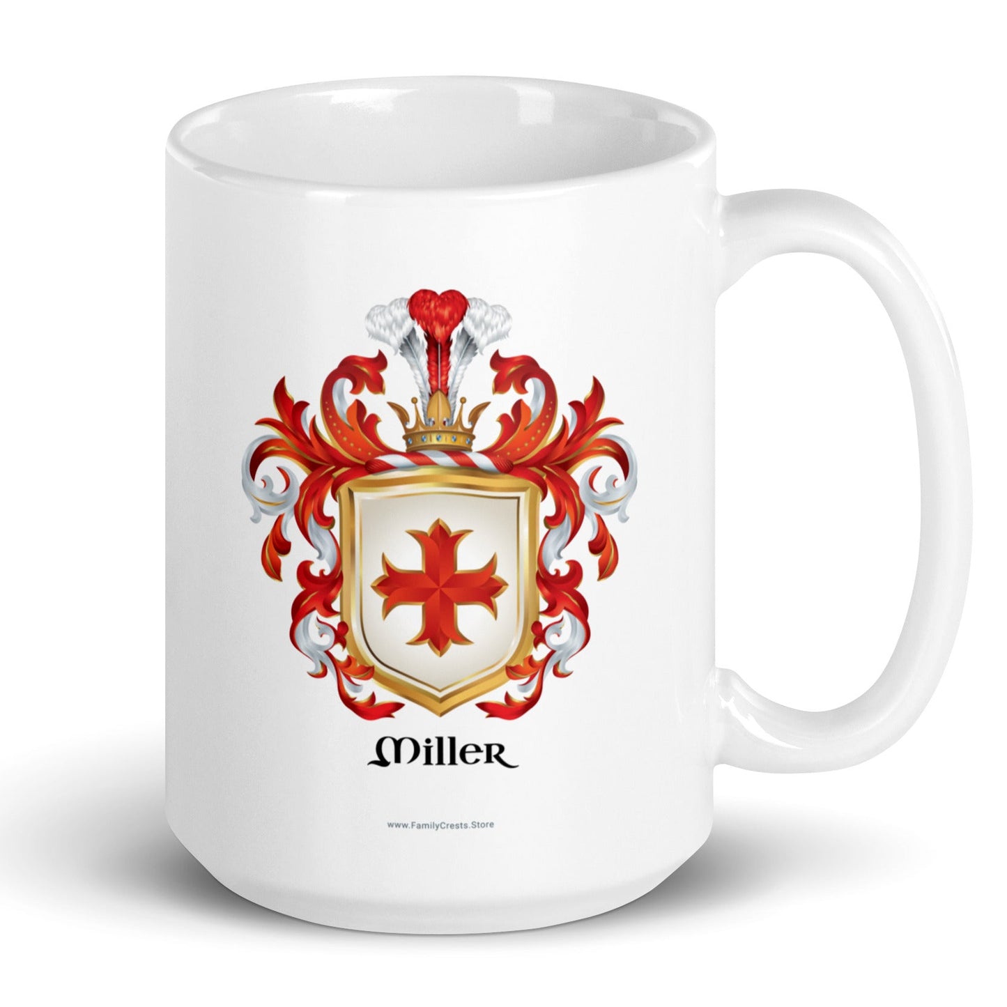 White mug with the Miller Family Crest red cross design on a white background