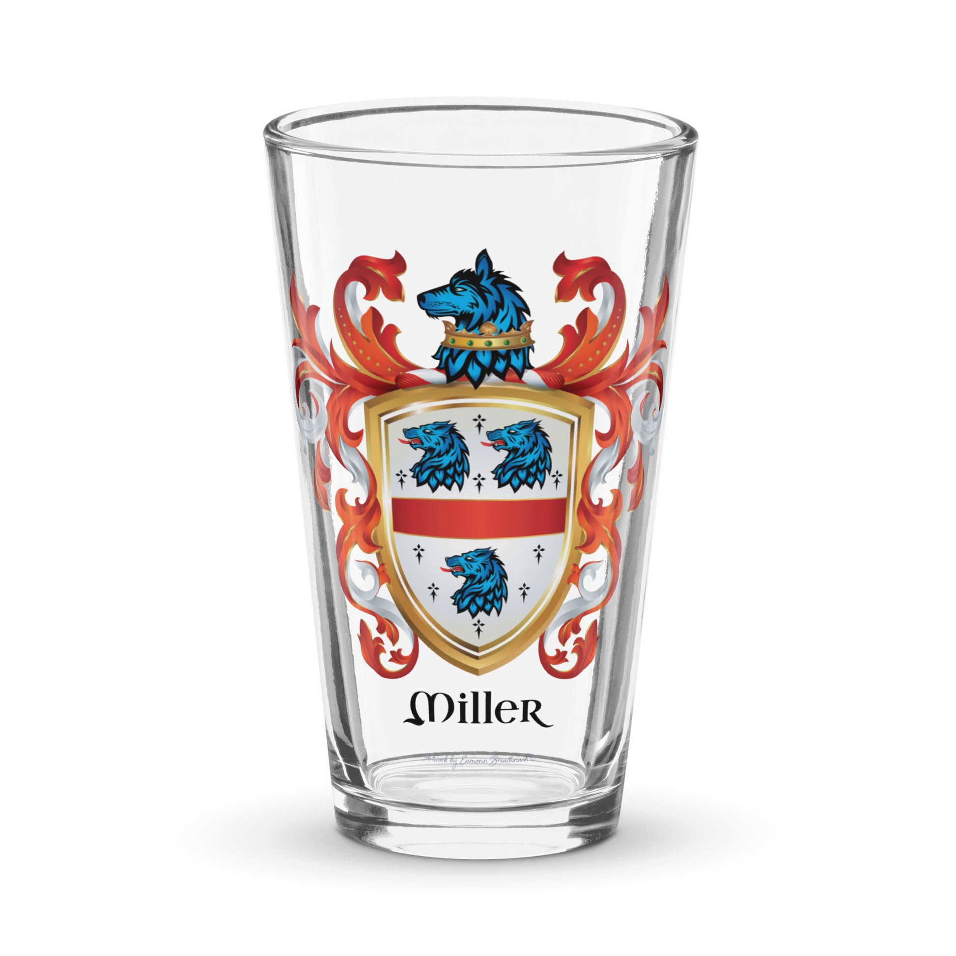 A clear pint size beer glass with the Miller Family Crest on a white background 