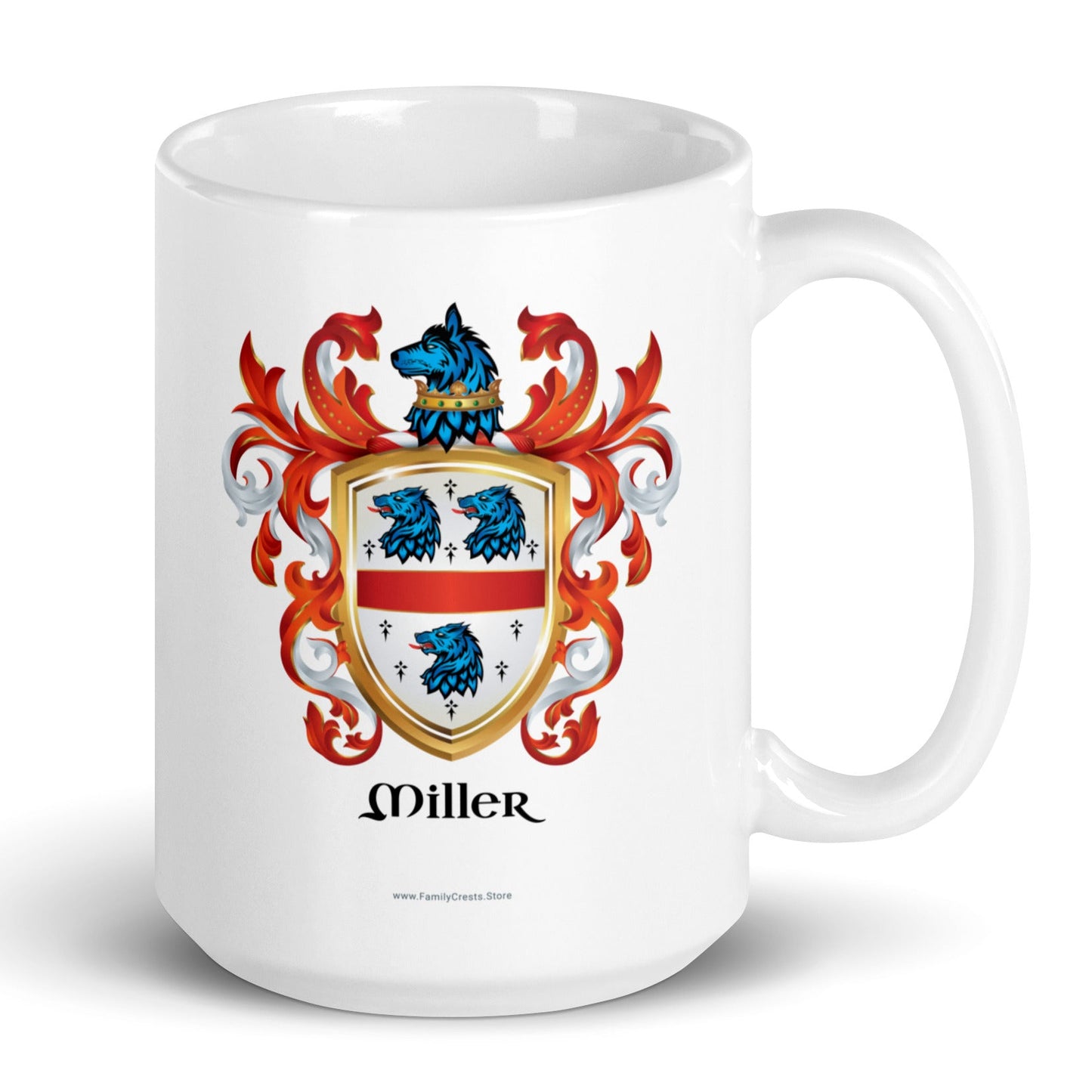 Miller Family Crest mug - English origin, a white mug with the crest on a white background