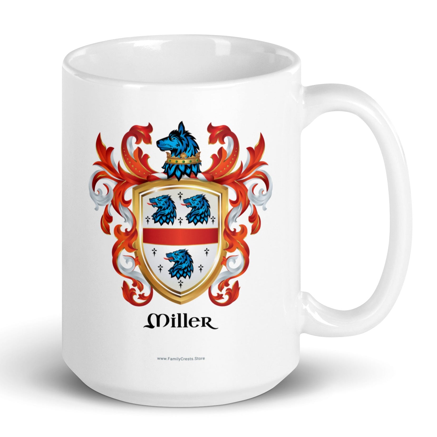 Miller Family Crest mug - English origin, a white mug with the crest on a white background